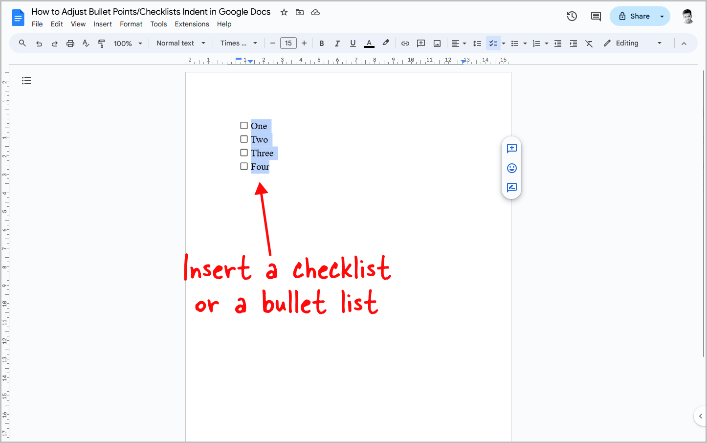 How to Adjust Bullet Points/Checklists Indent in Google Docs