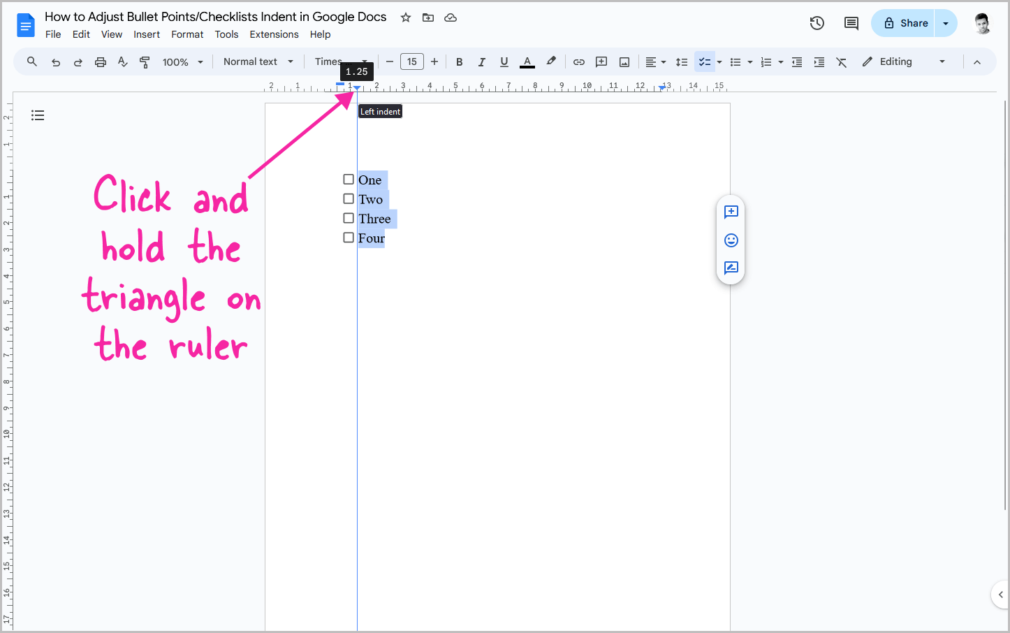 How to Adjust Bullet Points/Checklists Indent in Google Docs