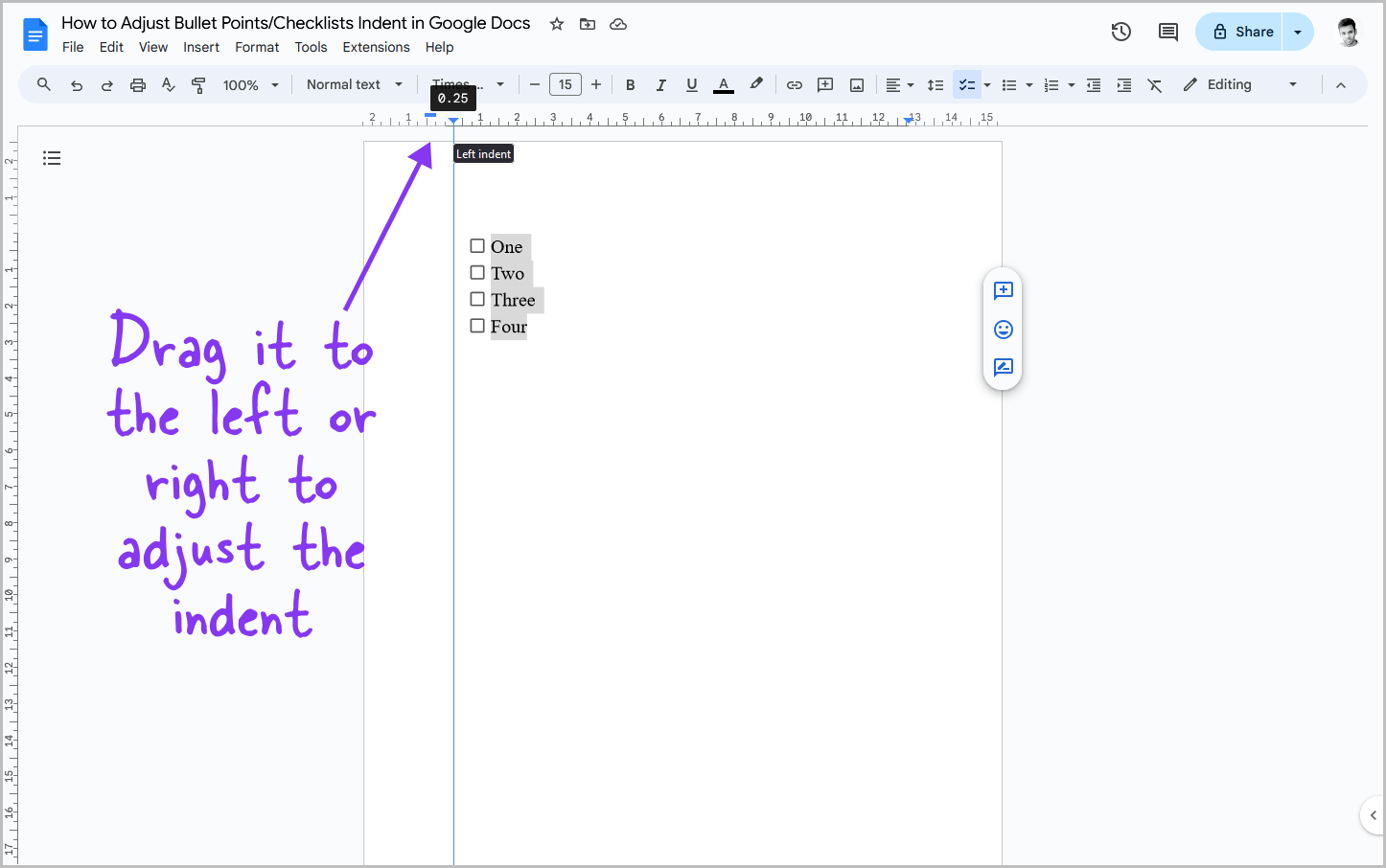 How to Adjust Bullet Points/Checklists Indent in Google Docs