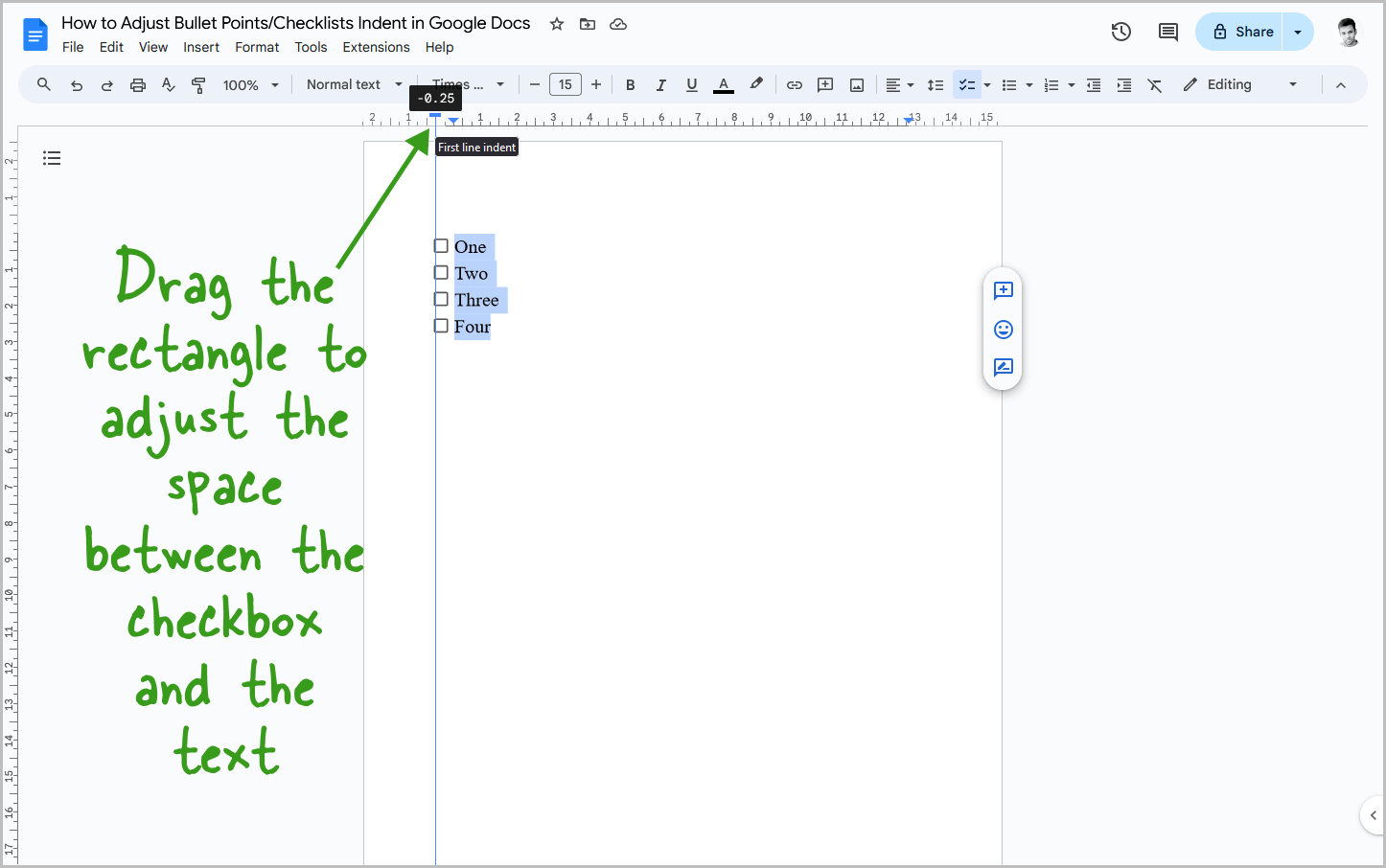 How to Adjust Bullet Points/Checklists Indent in Google Docs