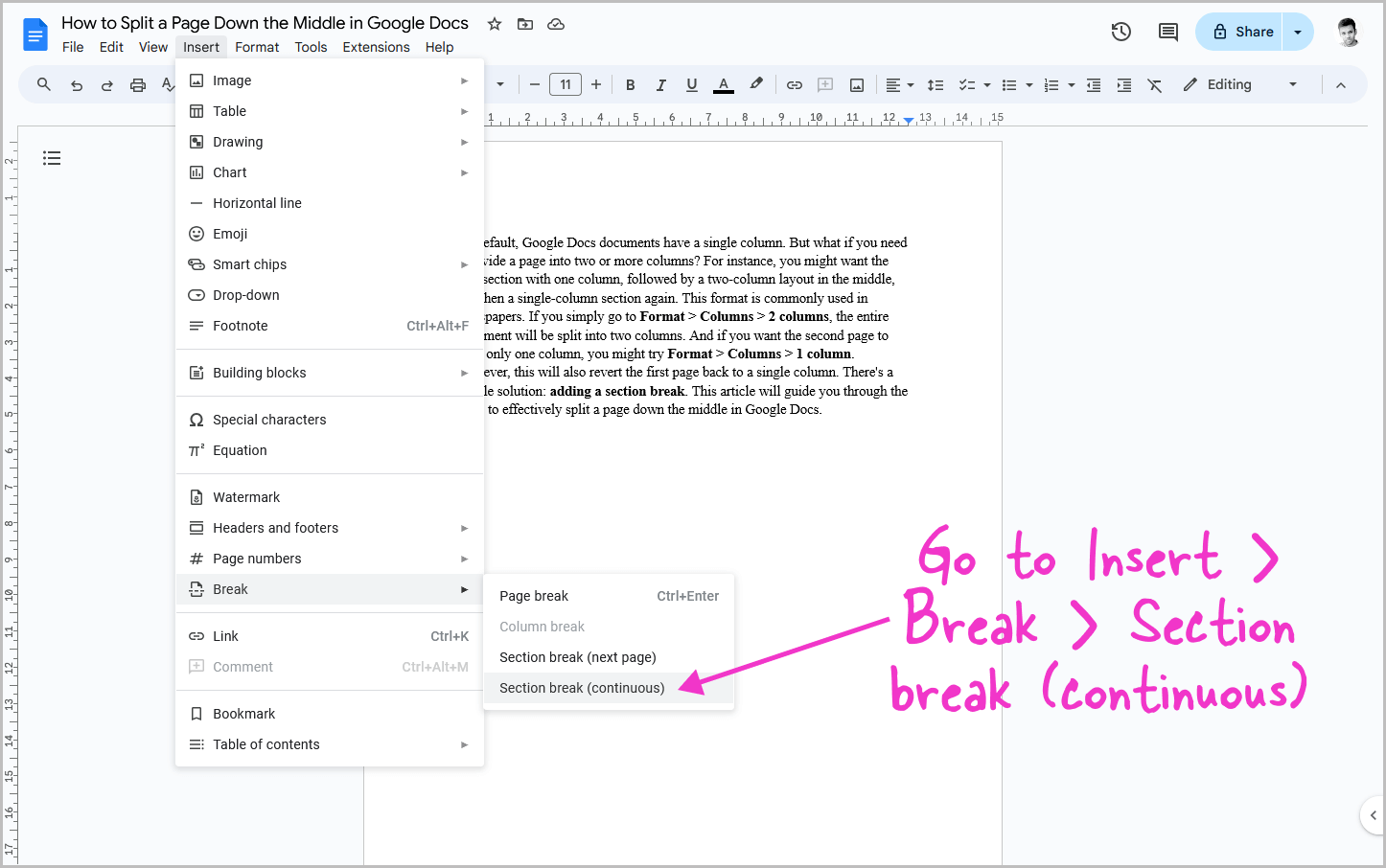 How to Split a Page Down the Middle in Google Docs