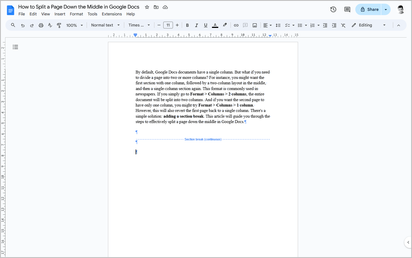 How to Split a Page Down the Middle in Google Docs