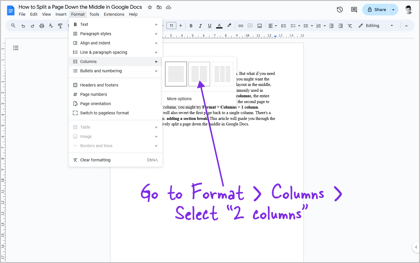 How to Split a Page Down the Middle in Google Docs