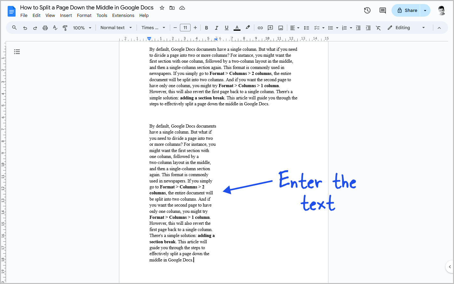 How to Split a Page Down the Middle in Google Docs