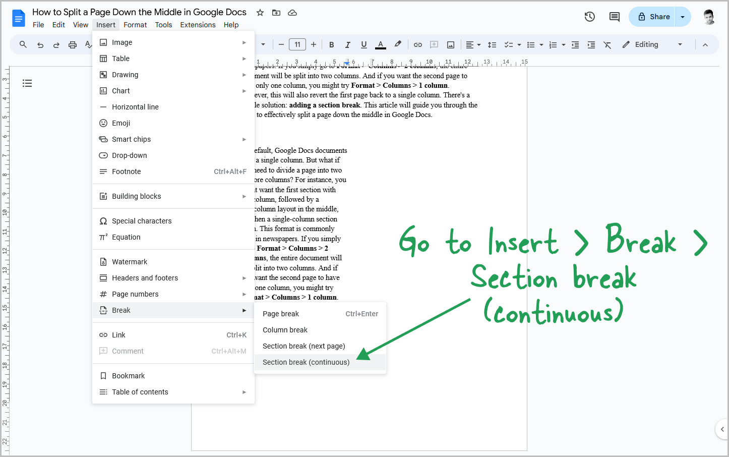 How to Split a Page Down the Middle in Google Docs