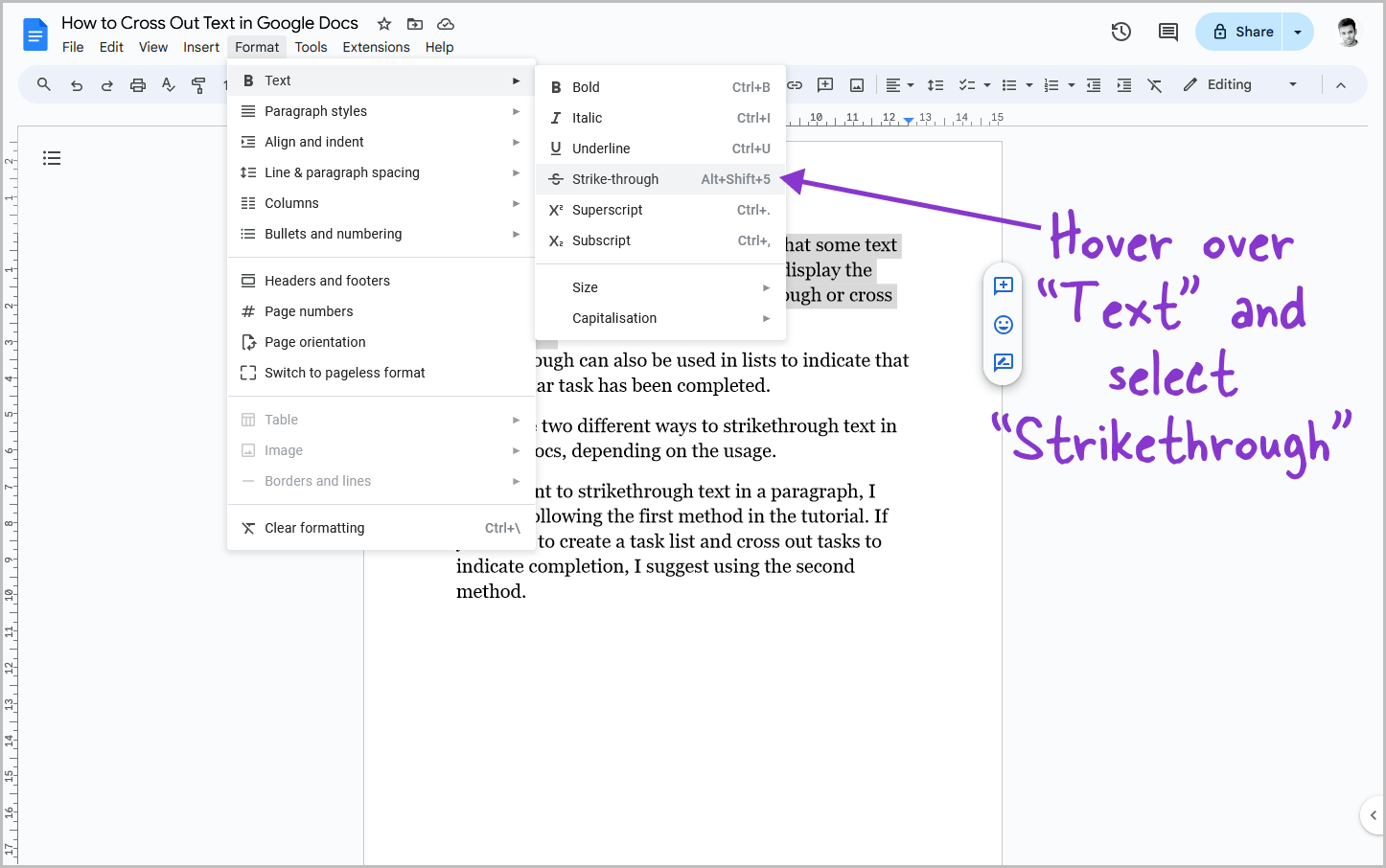 How to Strikethrough Text in Google Docs