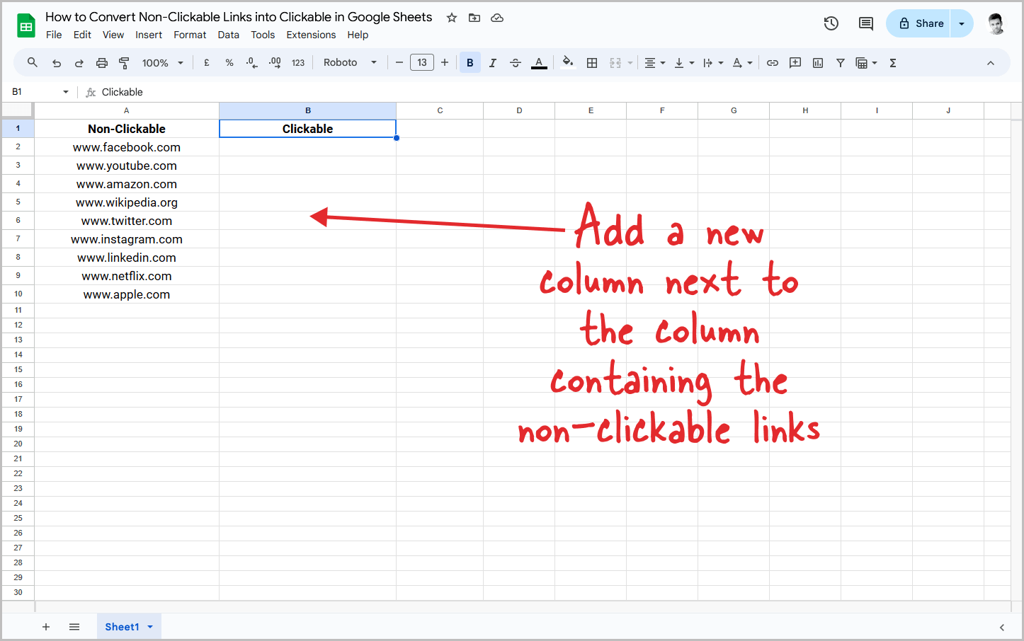 Convert Non-Clickable Links into Clickable in Google Sheets