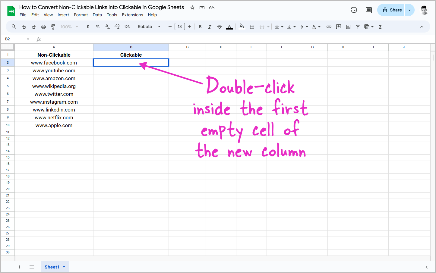 Convert Non-Clickable Links into Clickable in Google Sheets