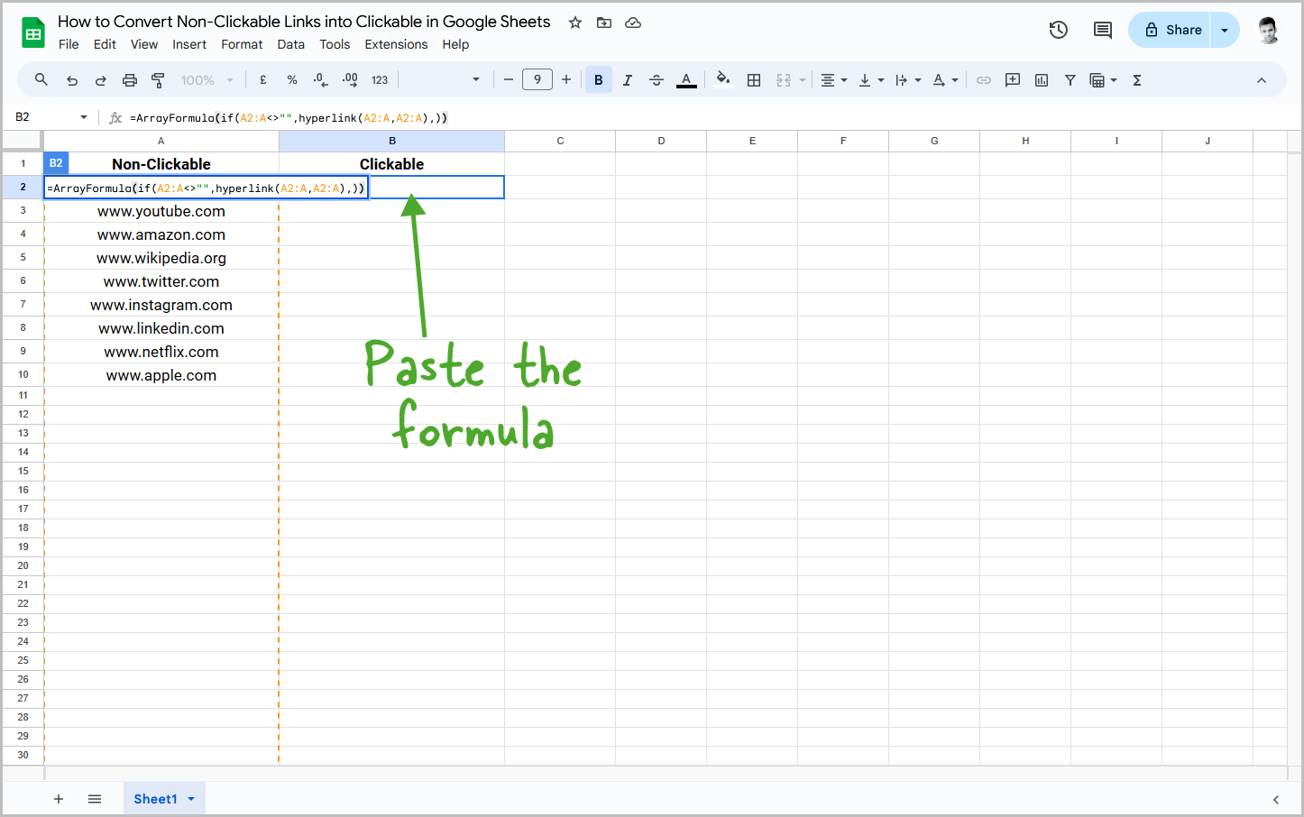 Convert Non-Clickable Links into Clickable in Google Sheets