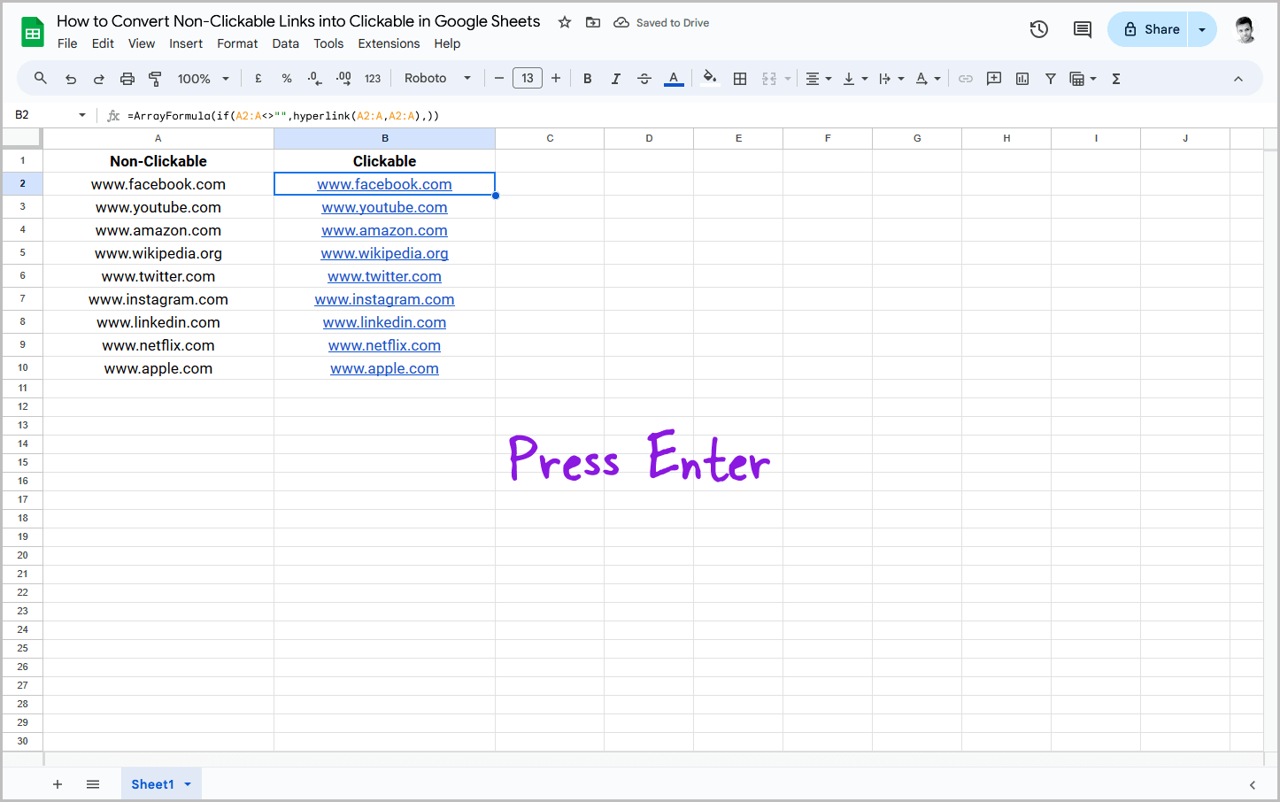 Convert Non-Clickable Links into Clickable in Google Sheets