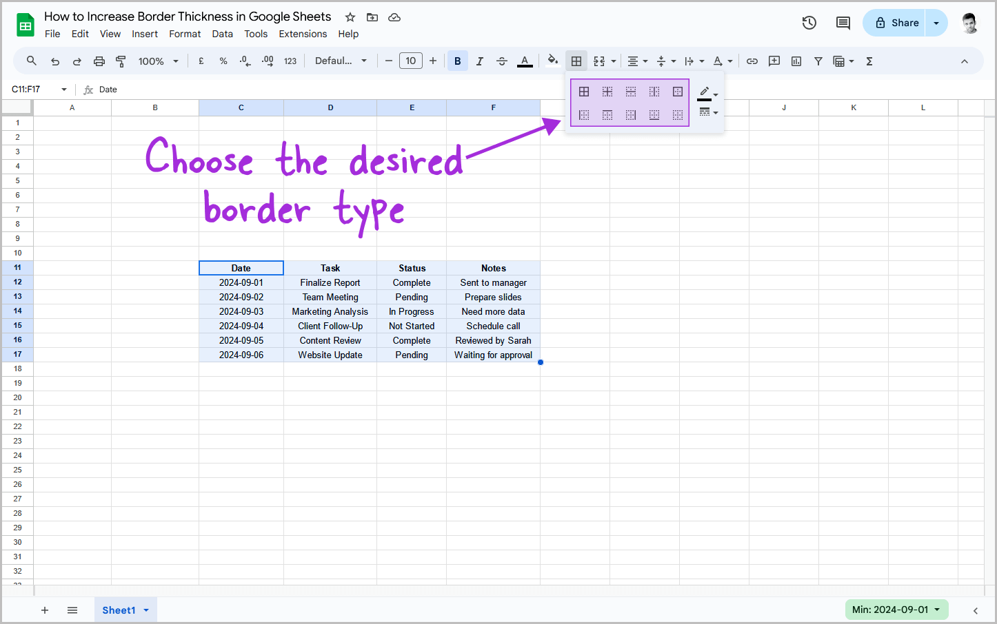 How to Increase Border Thickness in Google Sheets