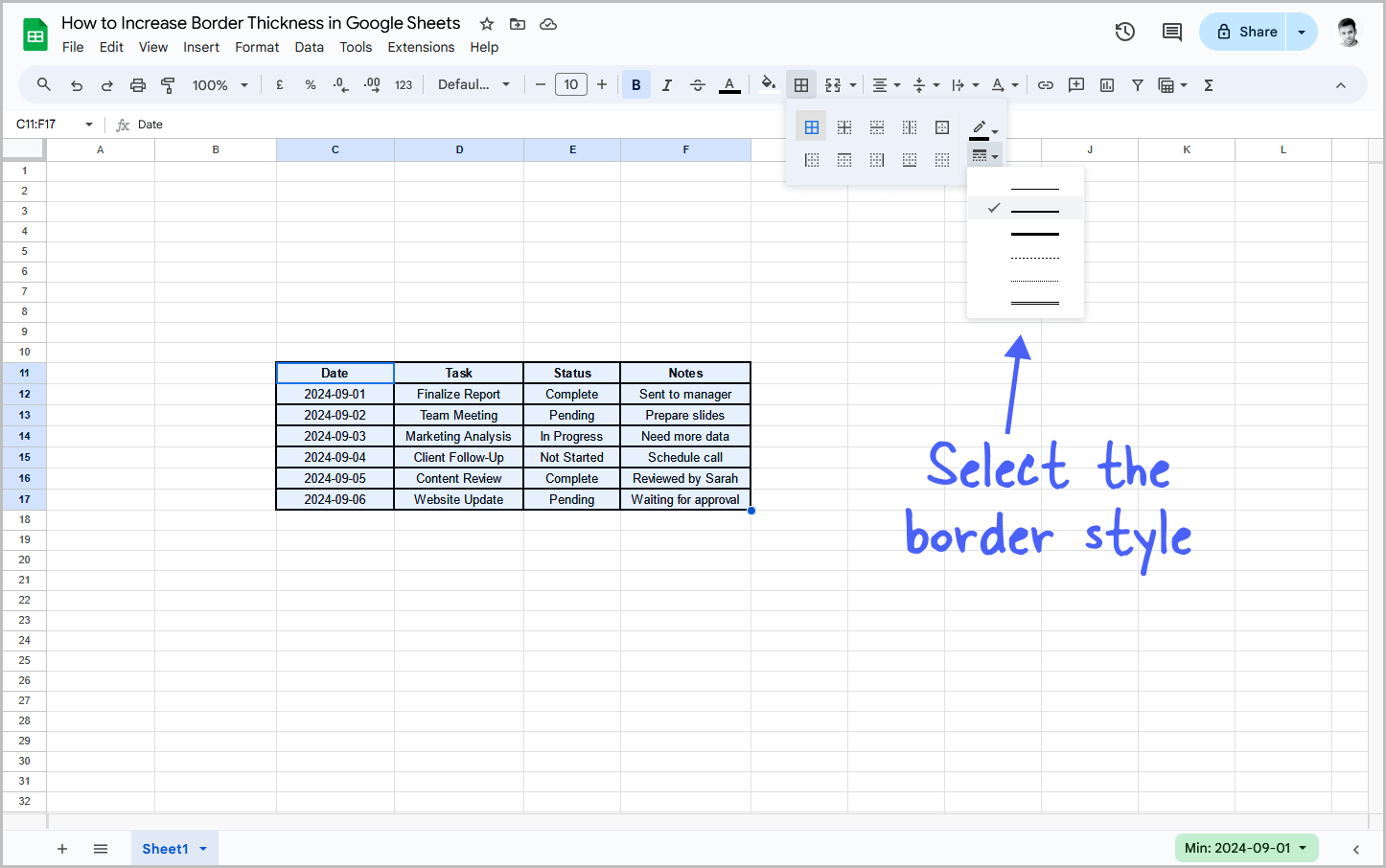 How to Increase Border Thickness in Google Sheets