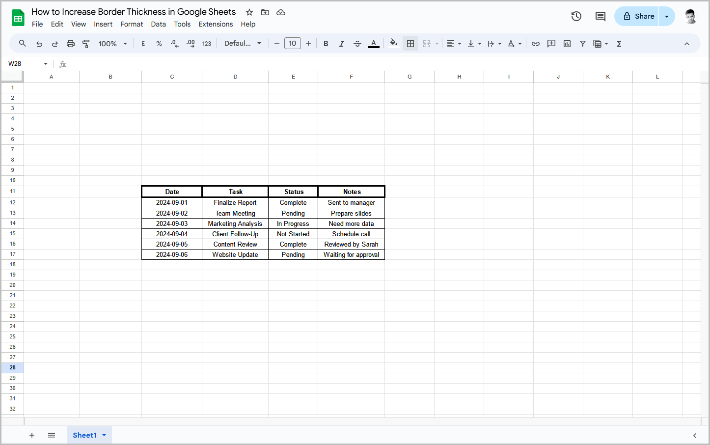 How to Increase Border Thickness in Google Sheets