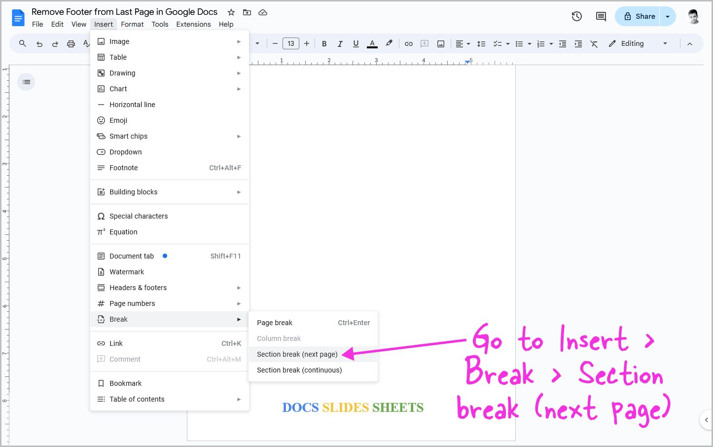 Remove Footer from Last Page in Google Docs