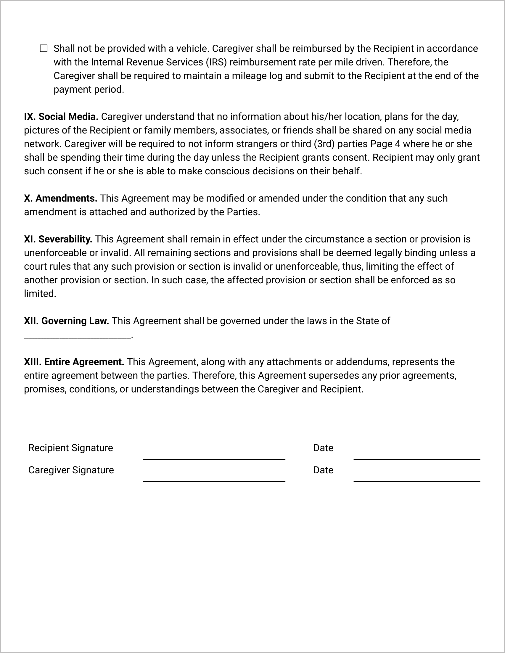 Caregiver Agreement Form