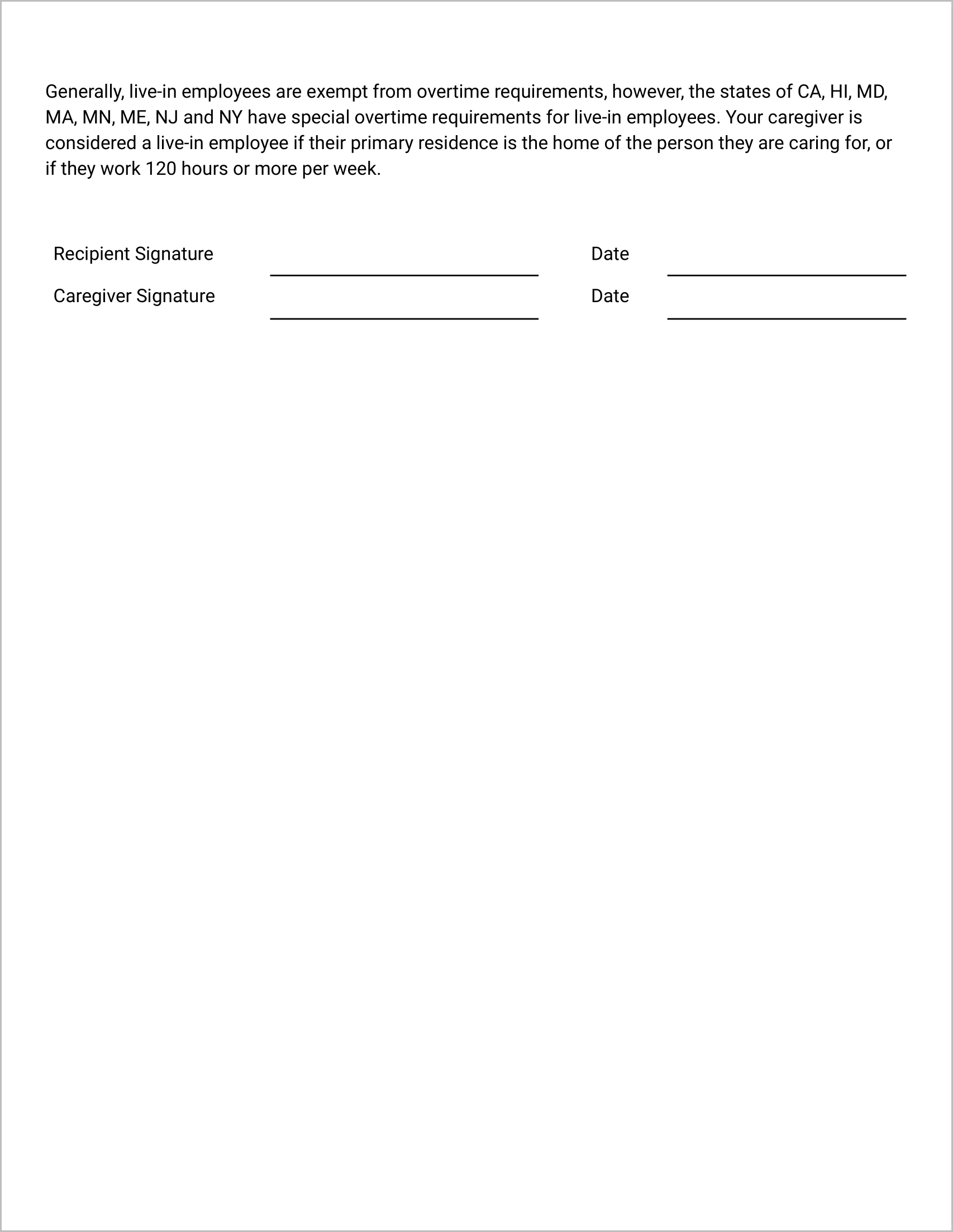 Caregiver Agreement Form