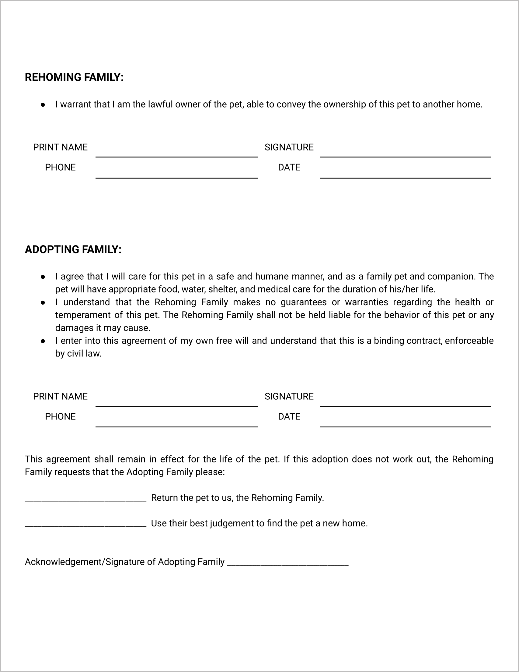 Pet Rehoming Agreement Template Template #2