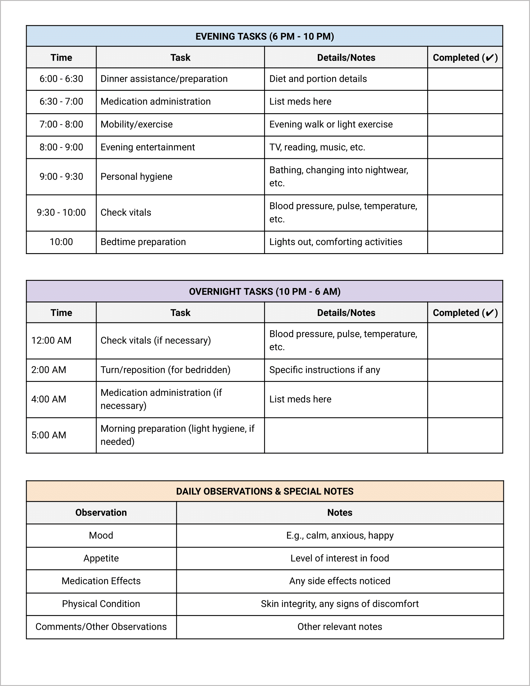 Caregiver Daily Task Sheet