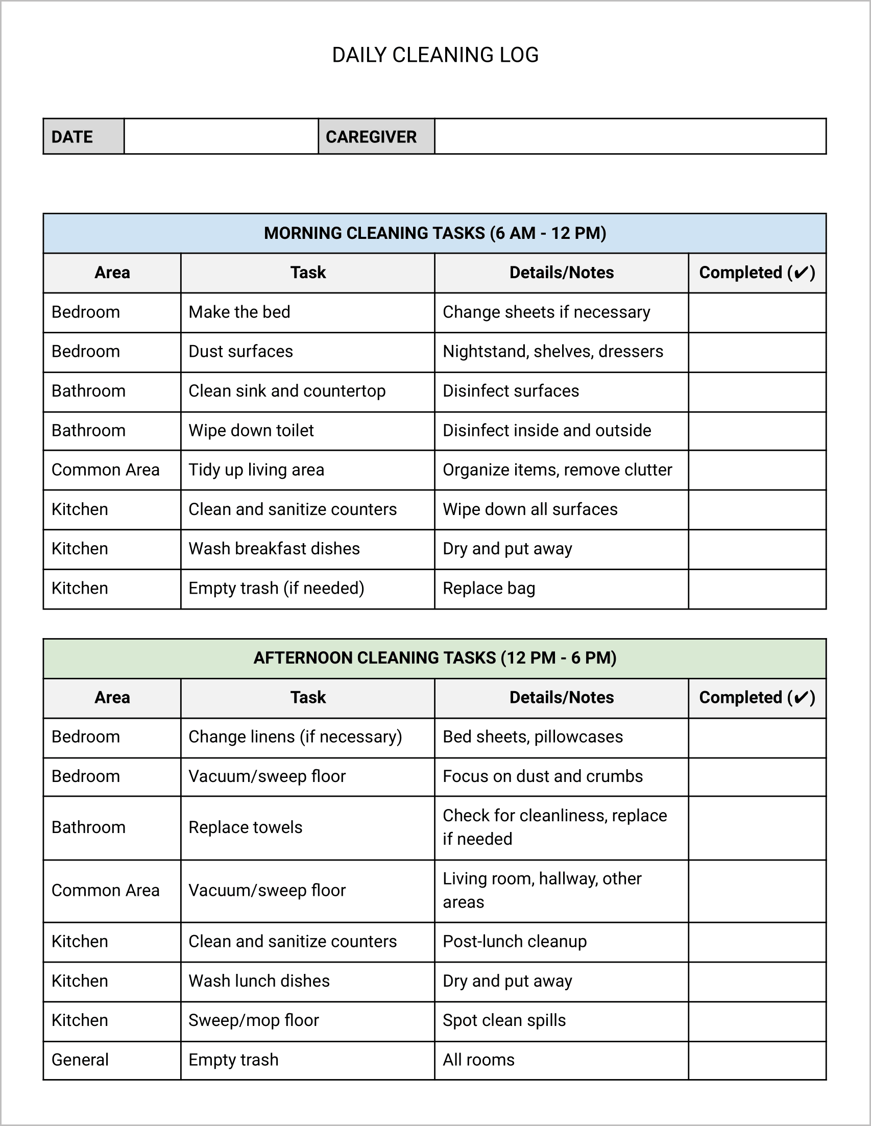 Caregiver Daily Cleaning Log