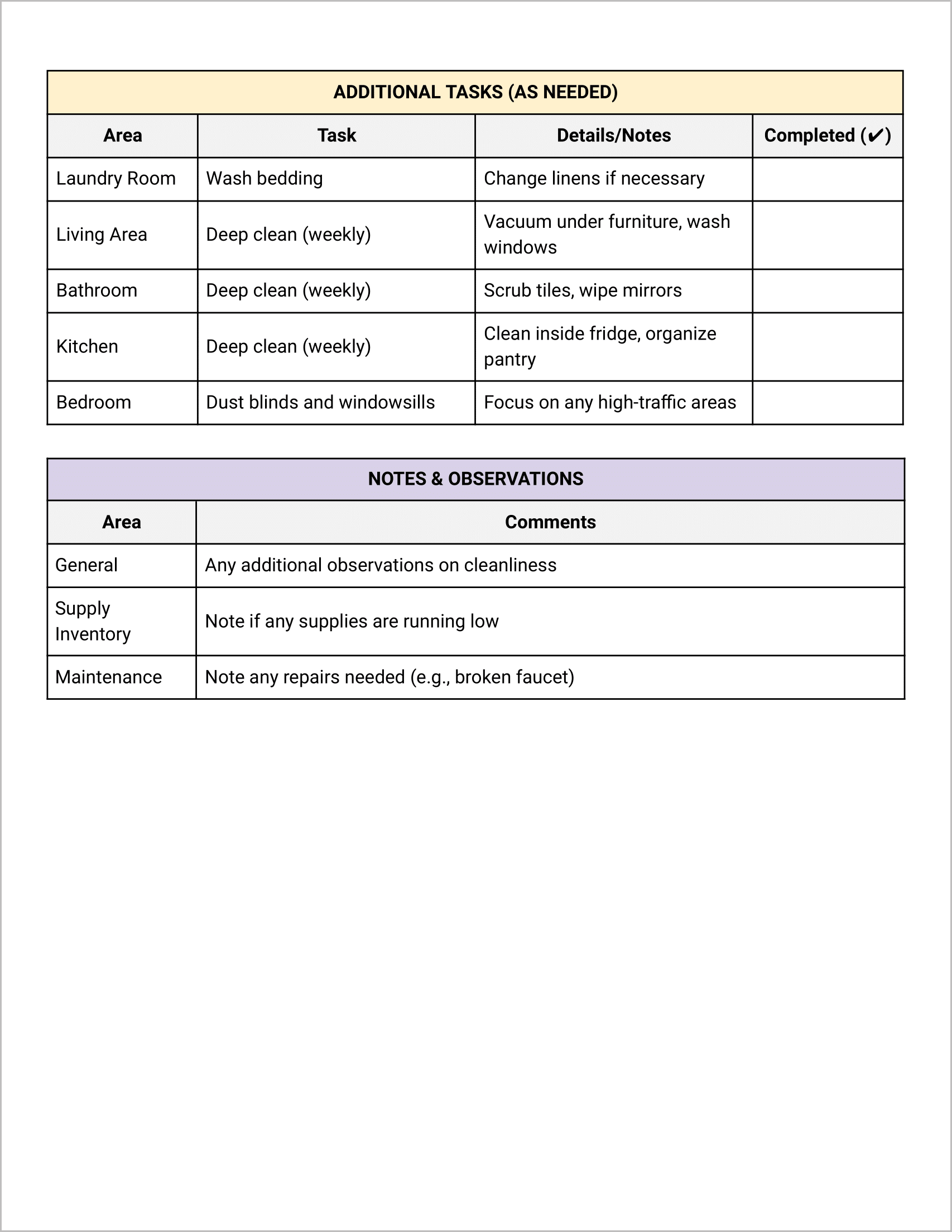 Caregiver Daily Cleaning Log