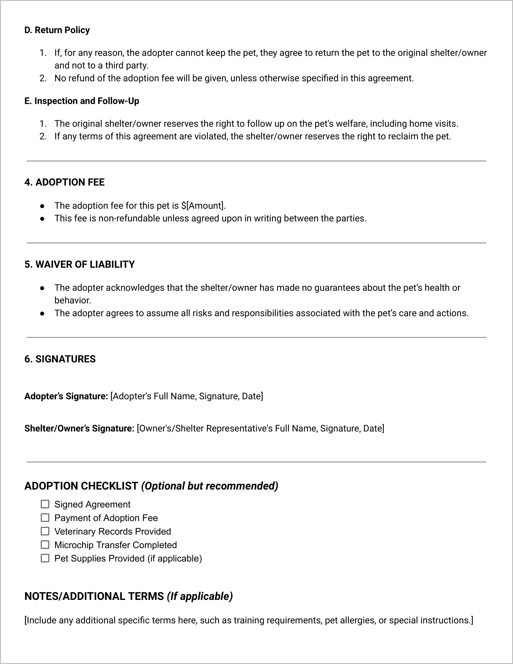 Dog Adoption Agreement Template Template #4