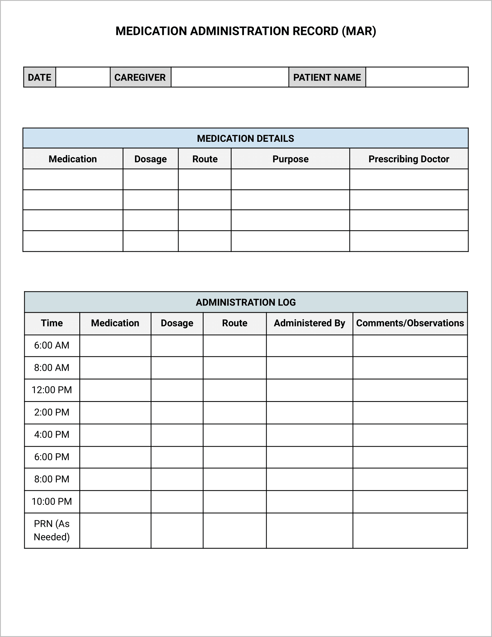 Caregiver Medical Administration Record