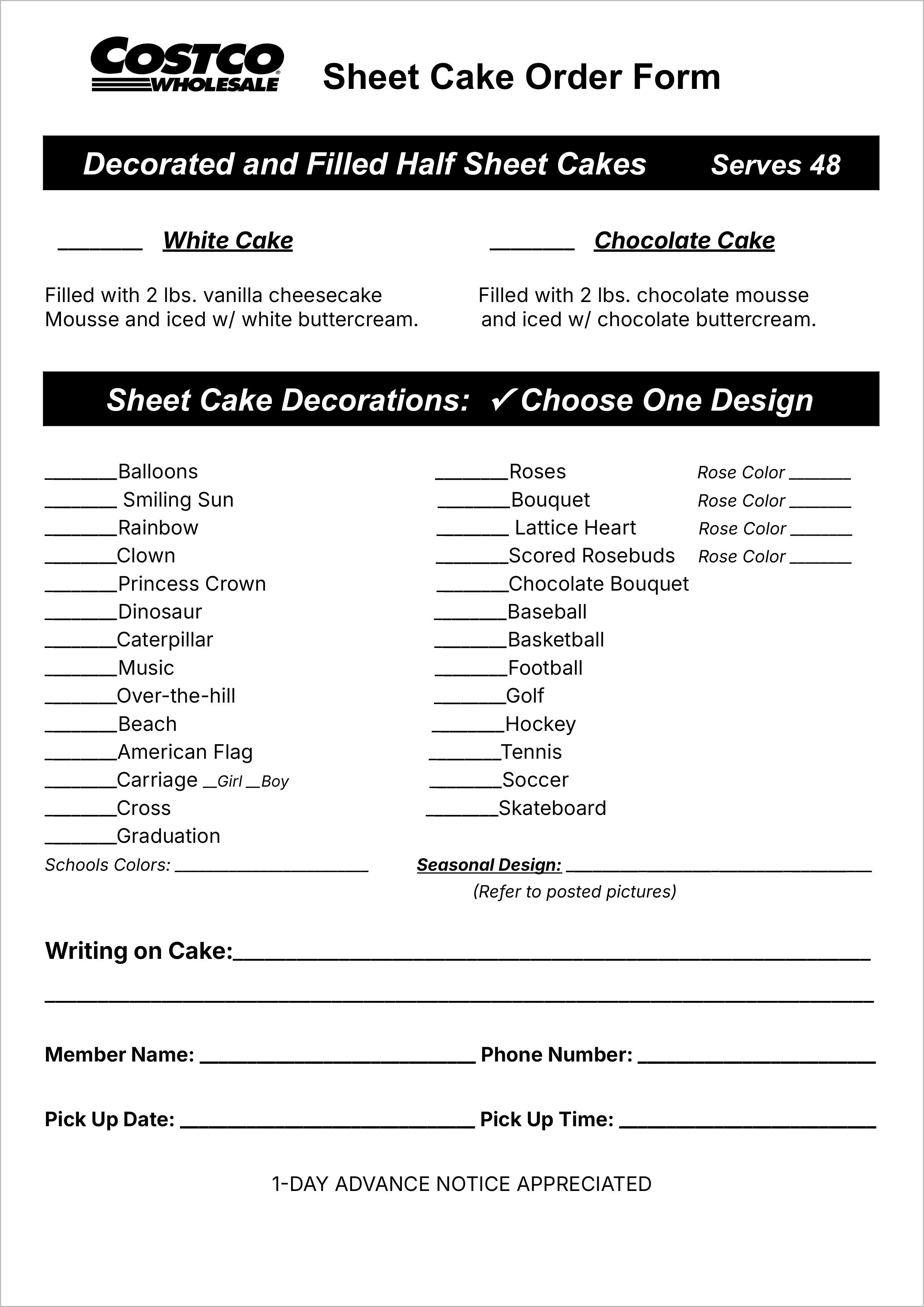 Costco Sheet Cake Order Form