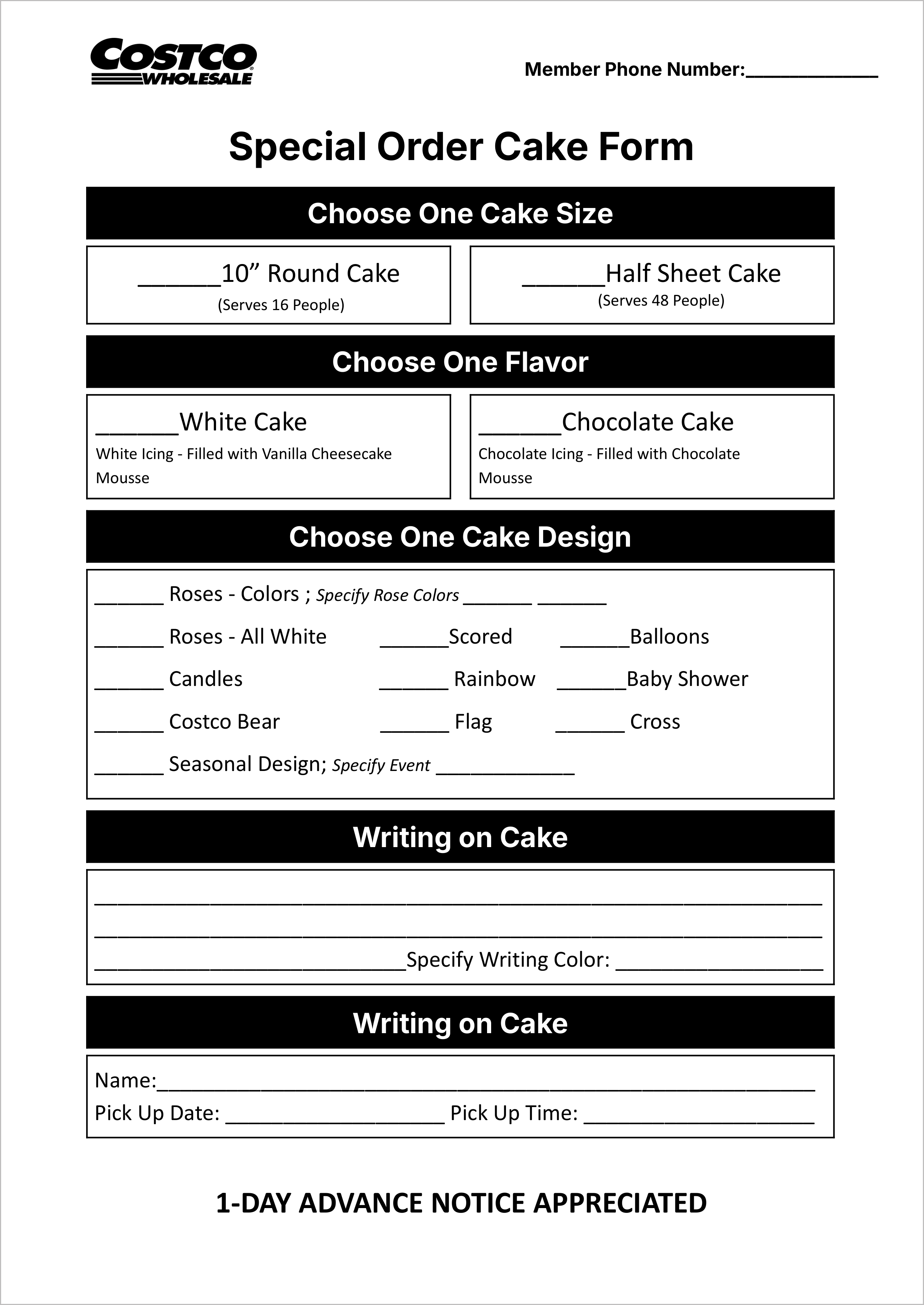 Costco Special Order Cake Form