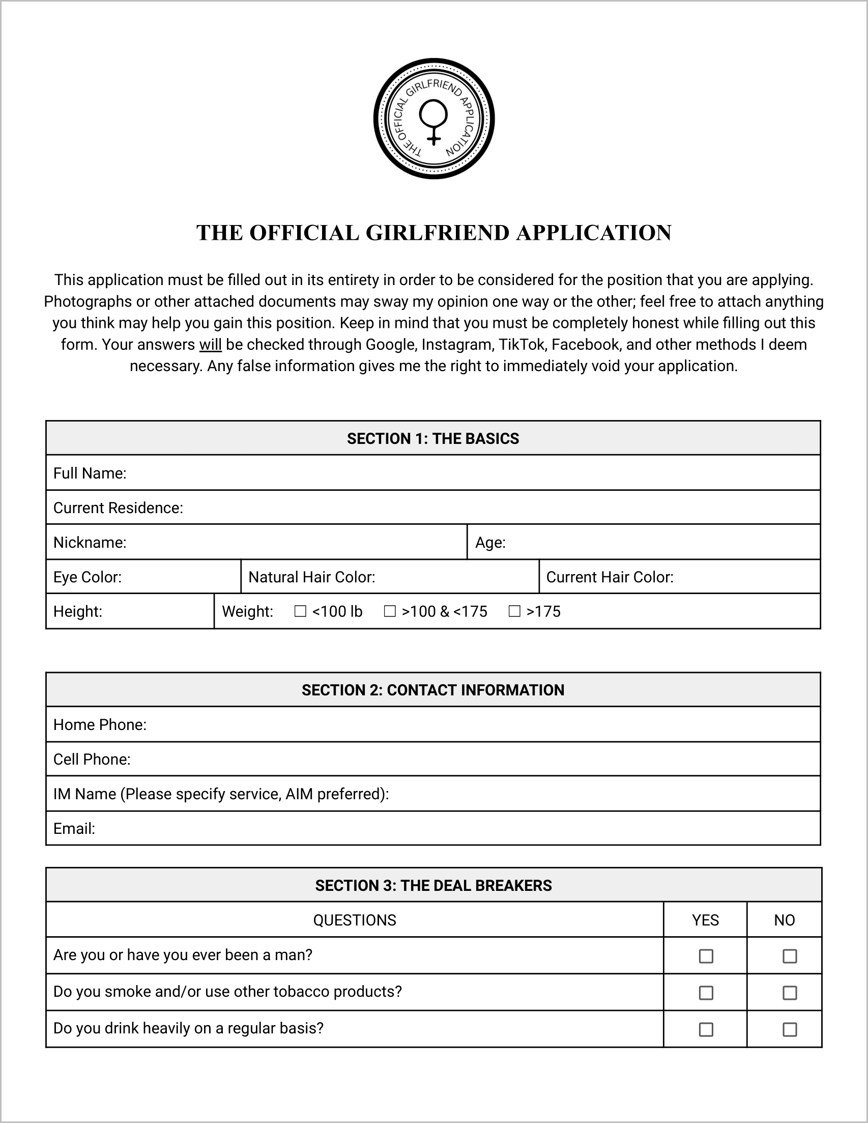 The Official Girlfriend Application Form (Black & White)