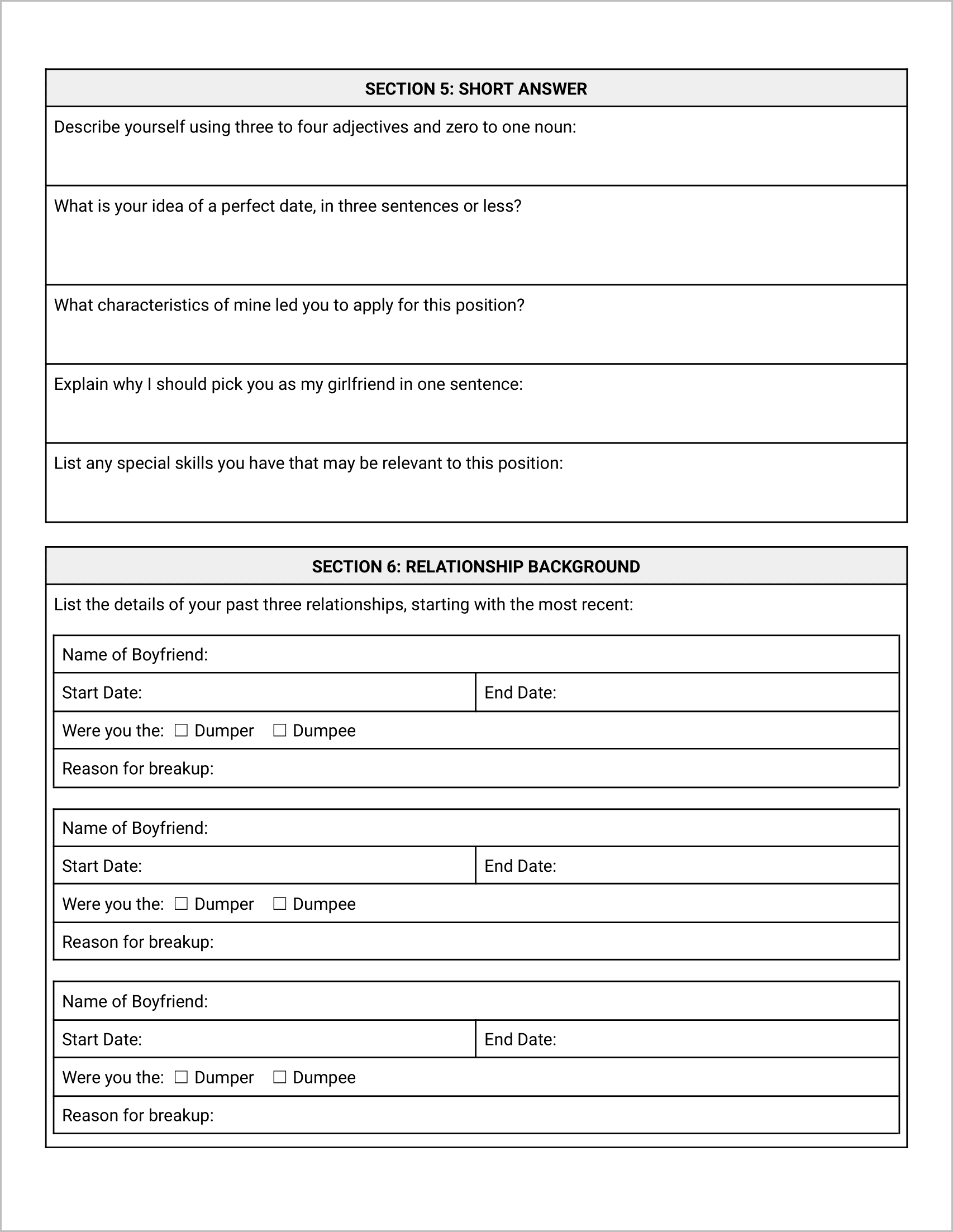 The Official Girlfriend Application Form (Black & White)