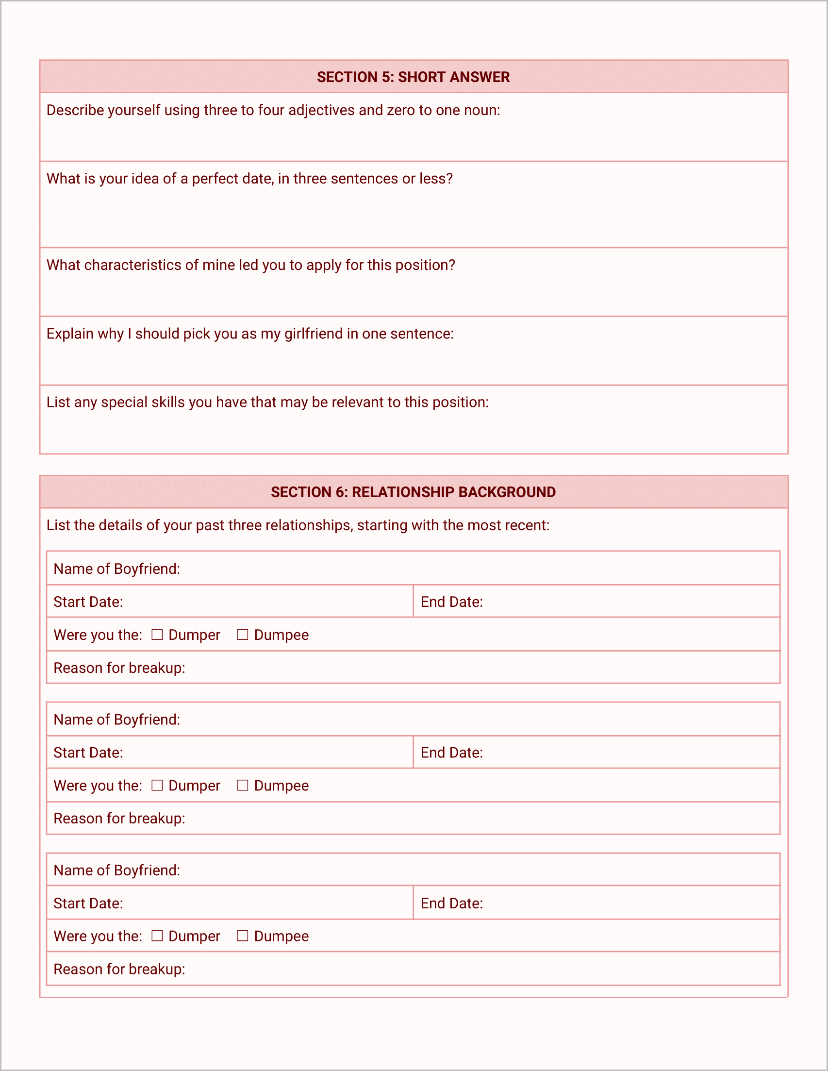 The Official Girlfriend Application Form (Color)