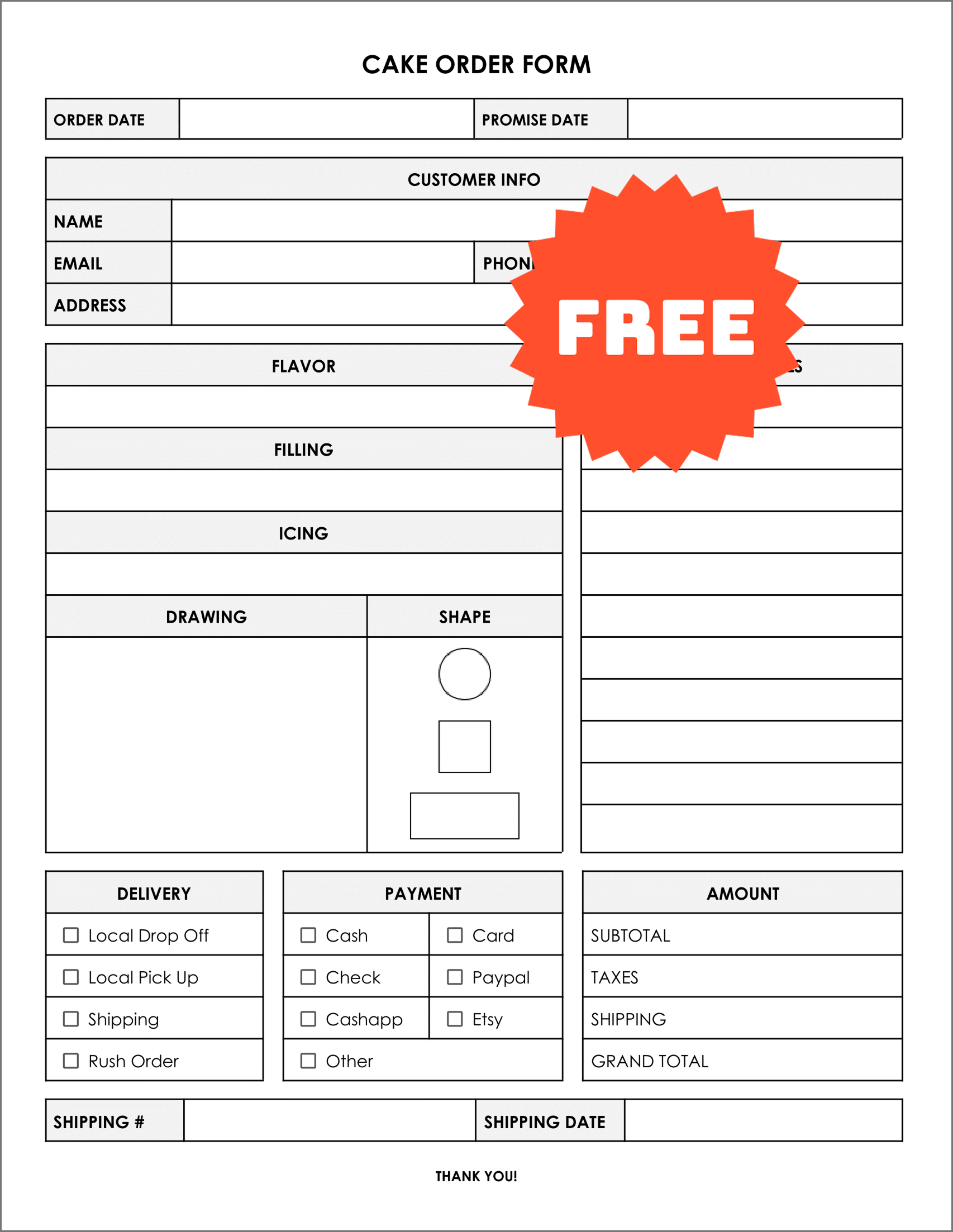 Free Customizable Cake Order Form