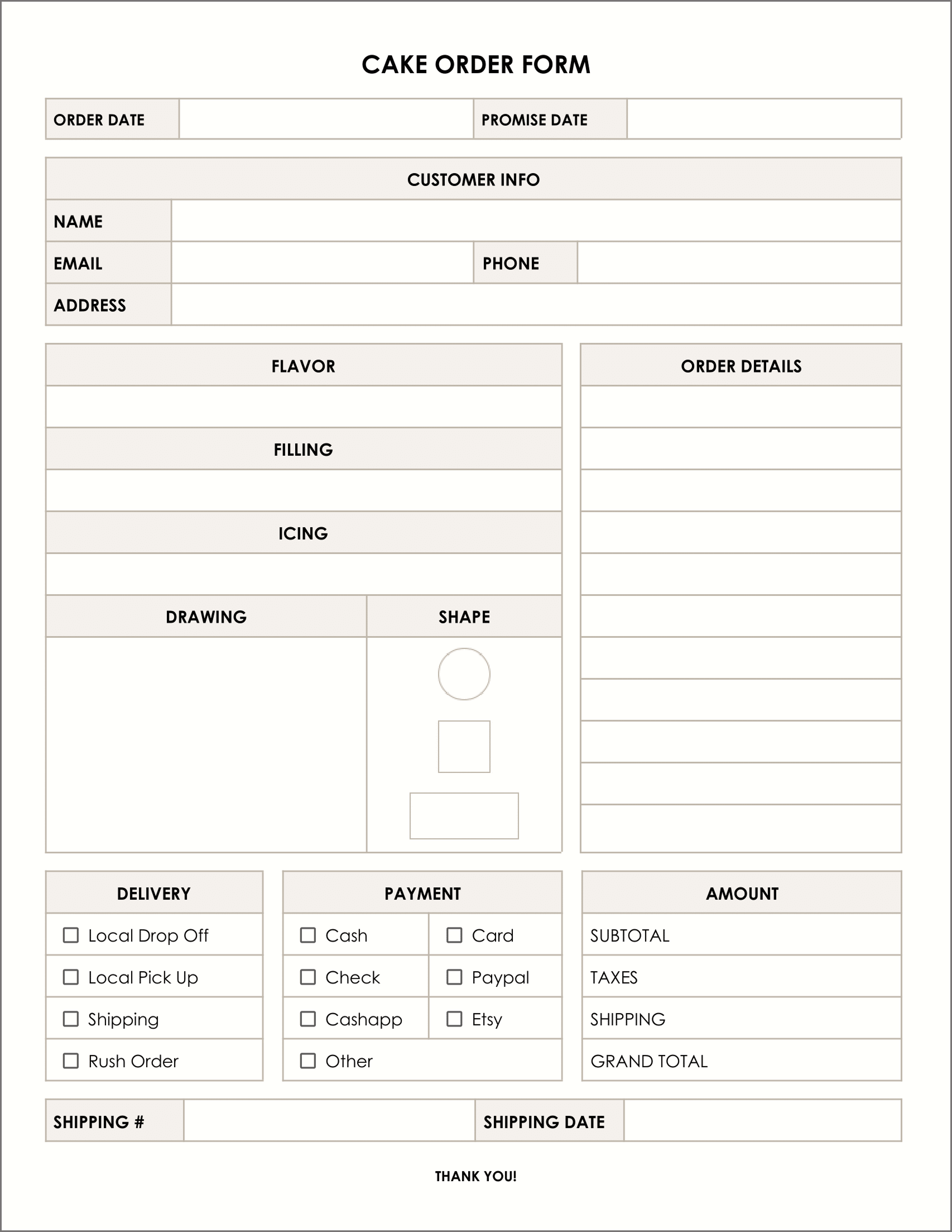 Free Customizable Cake Order Form