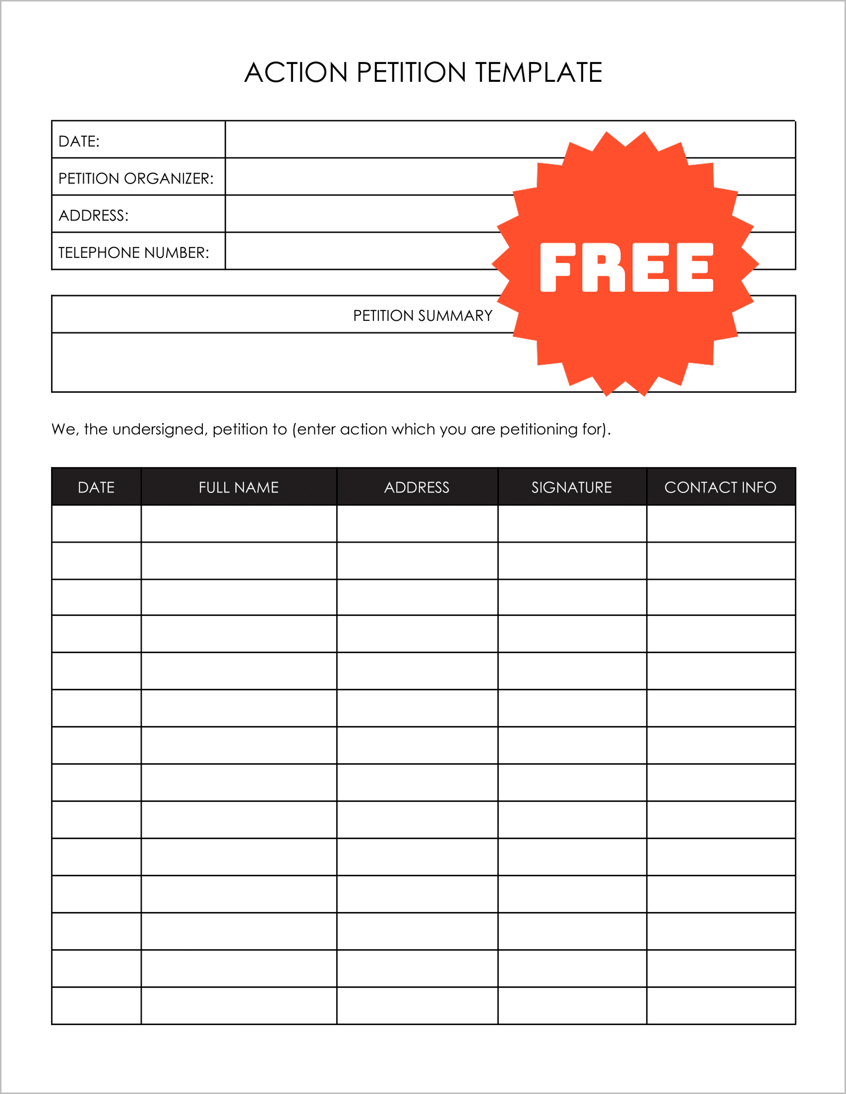 Free Editable Action Petition Template