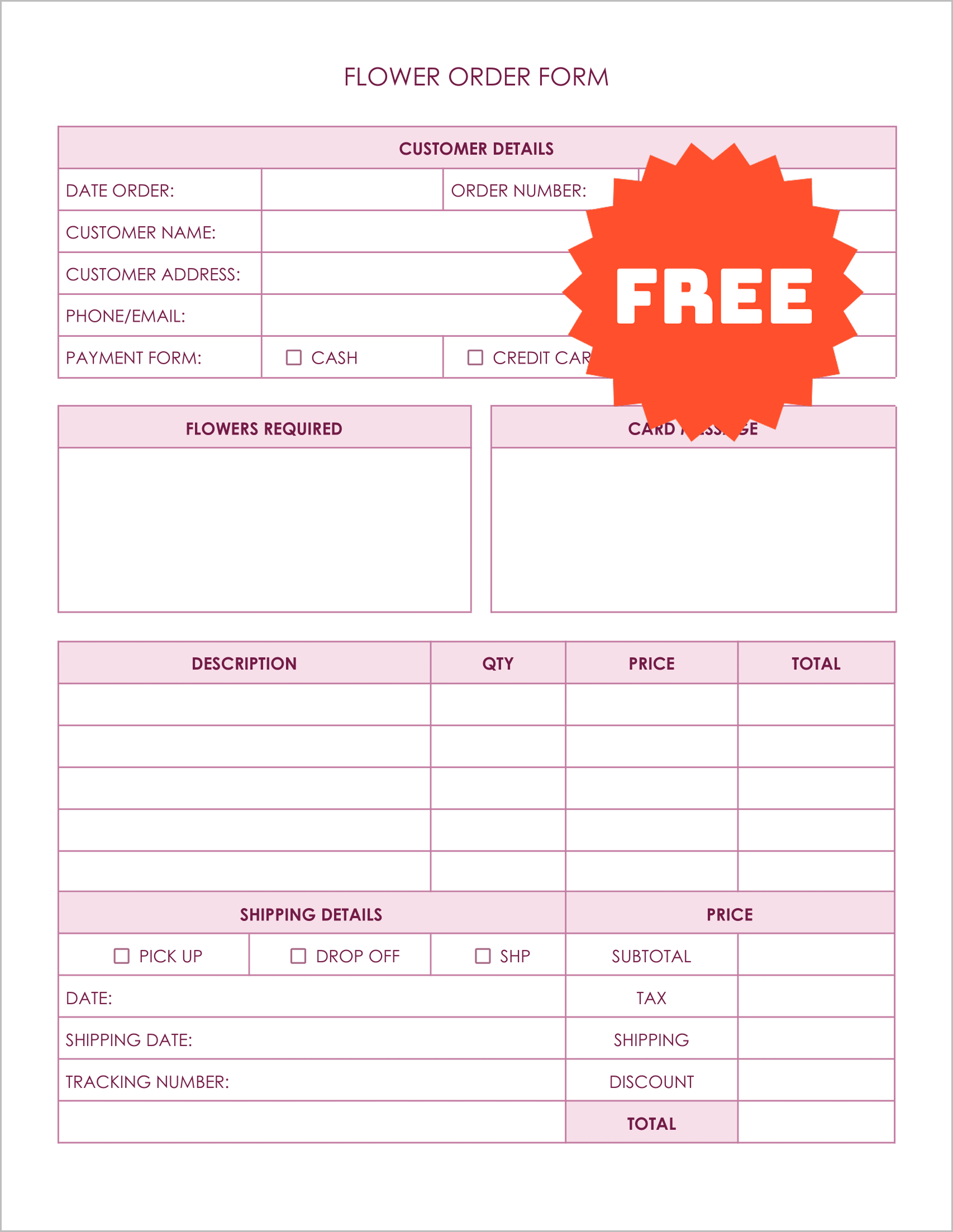 Free Editable Florist Order Form Template