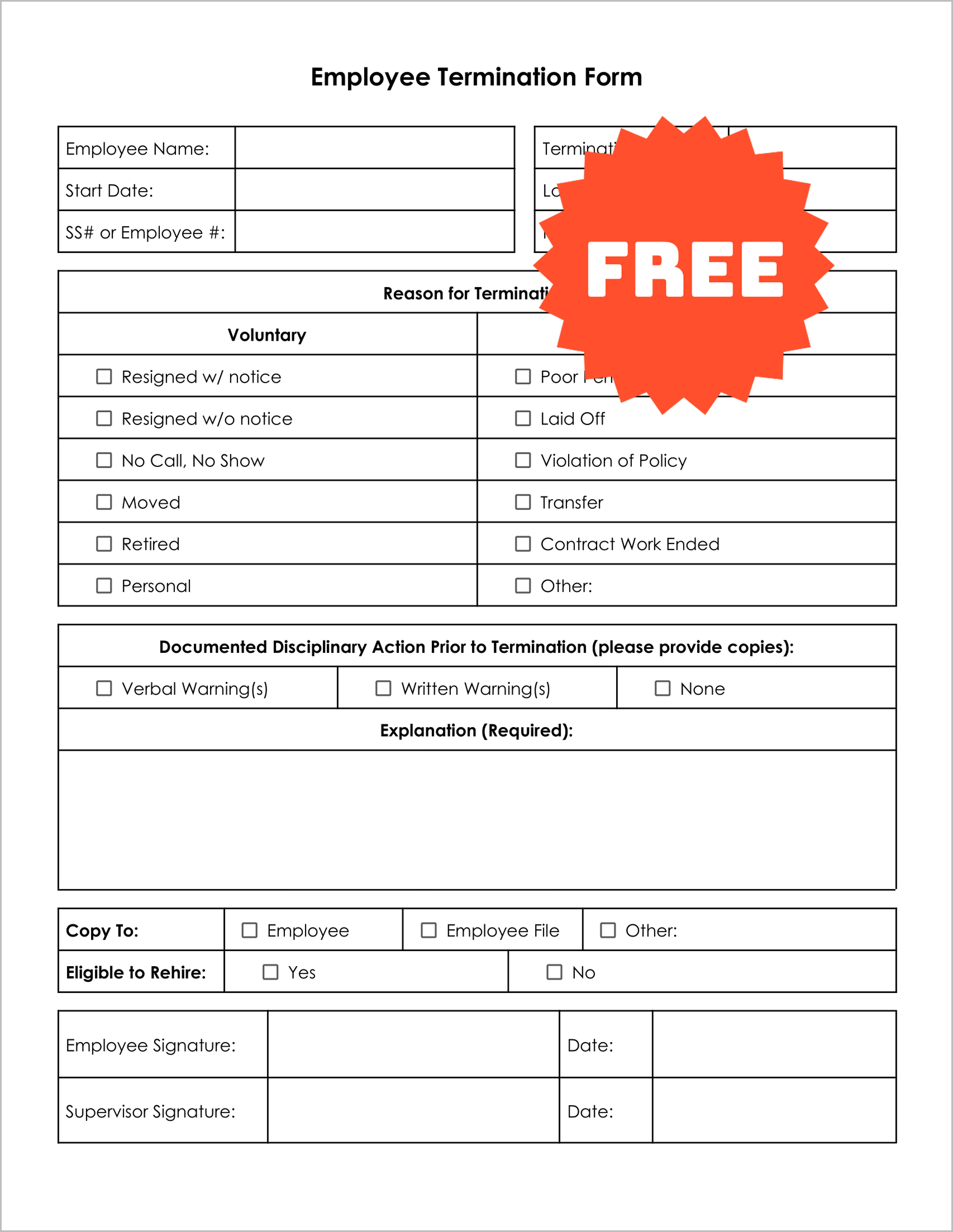 Free Employee Termination Form Template