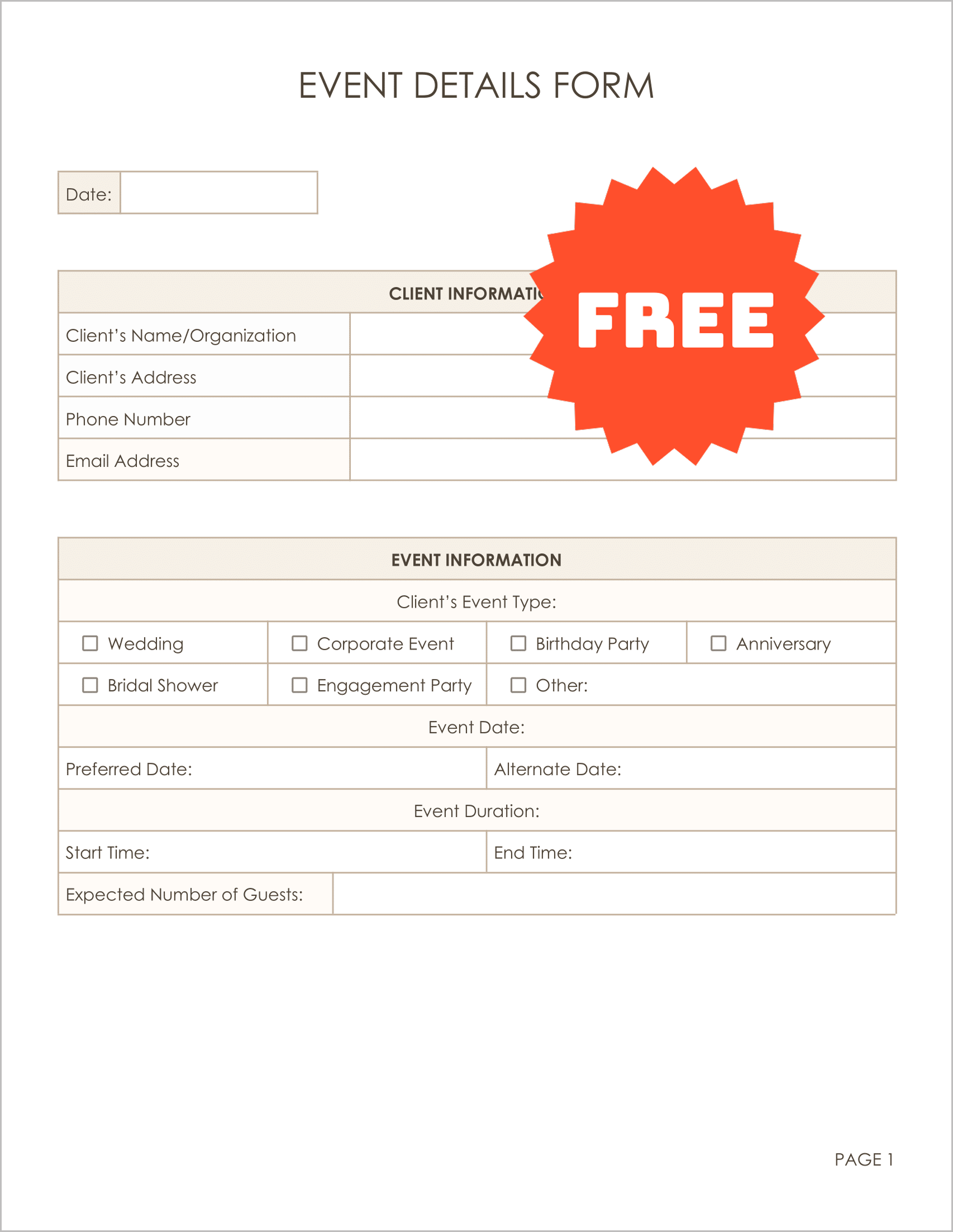 Free Event Details Form Template