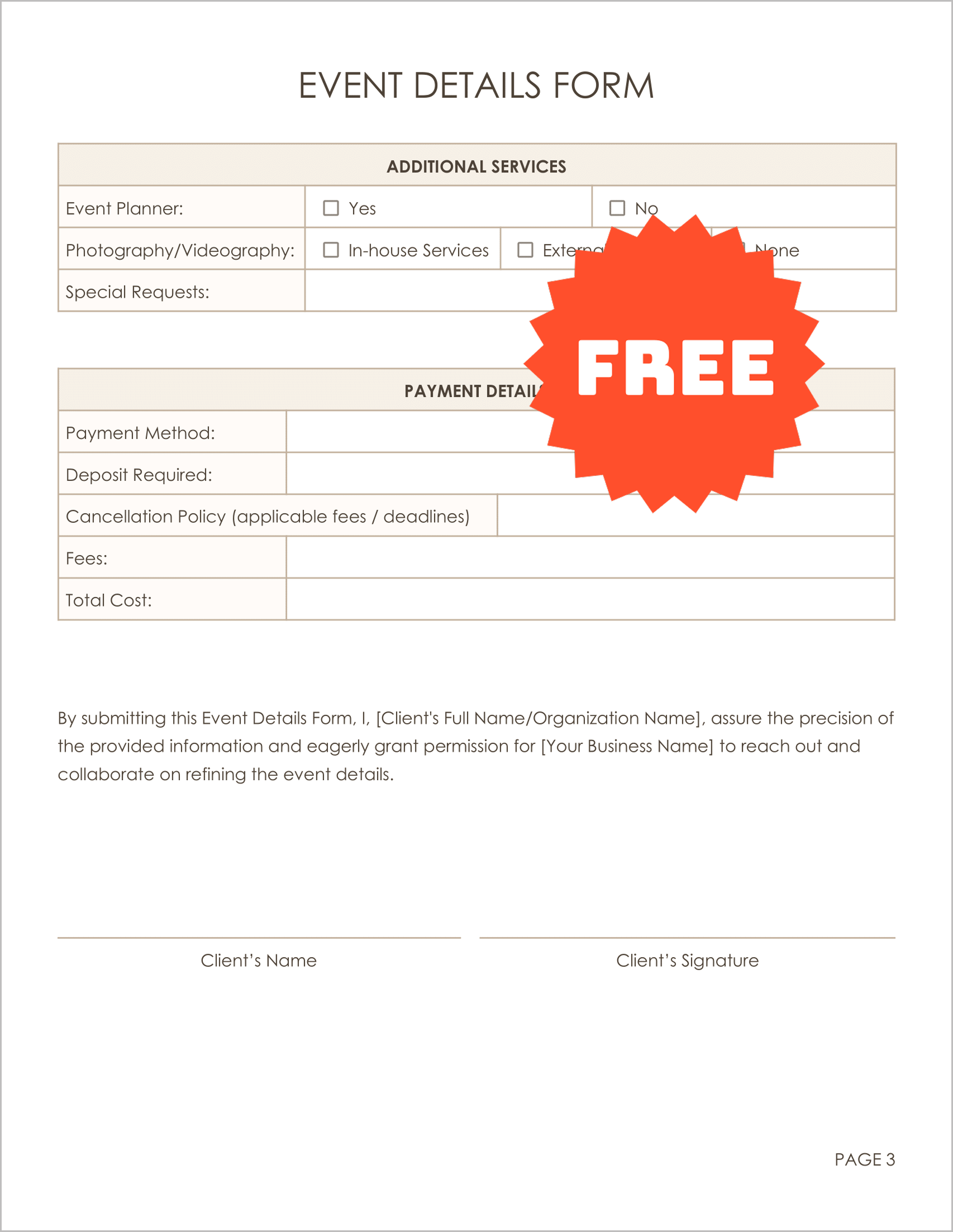 Free Event Details Form Template