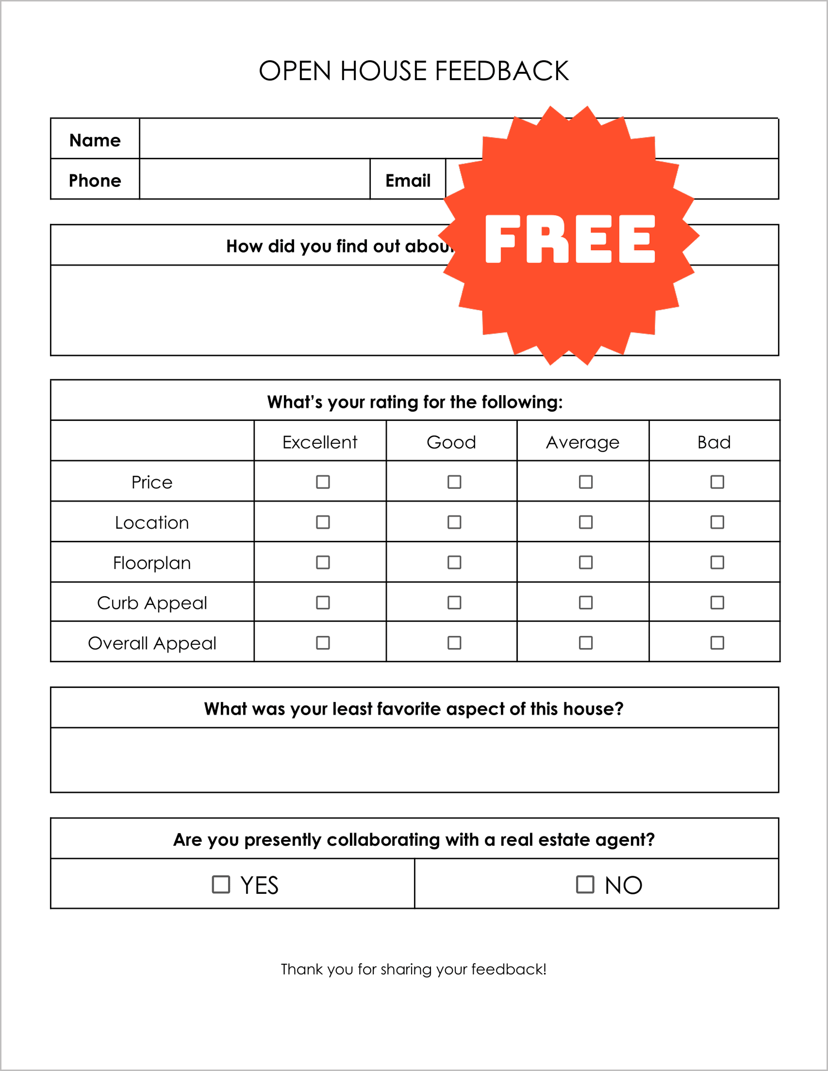 Free Open House Feedback Form Template