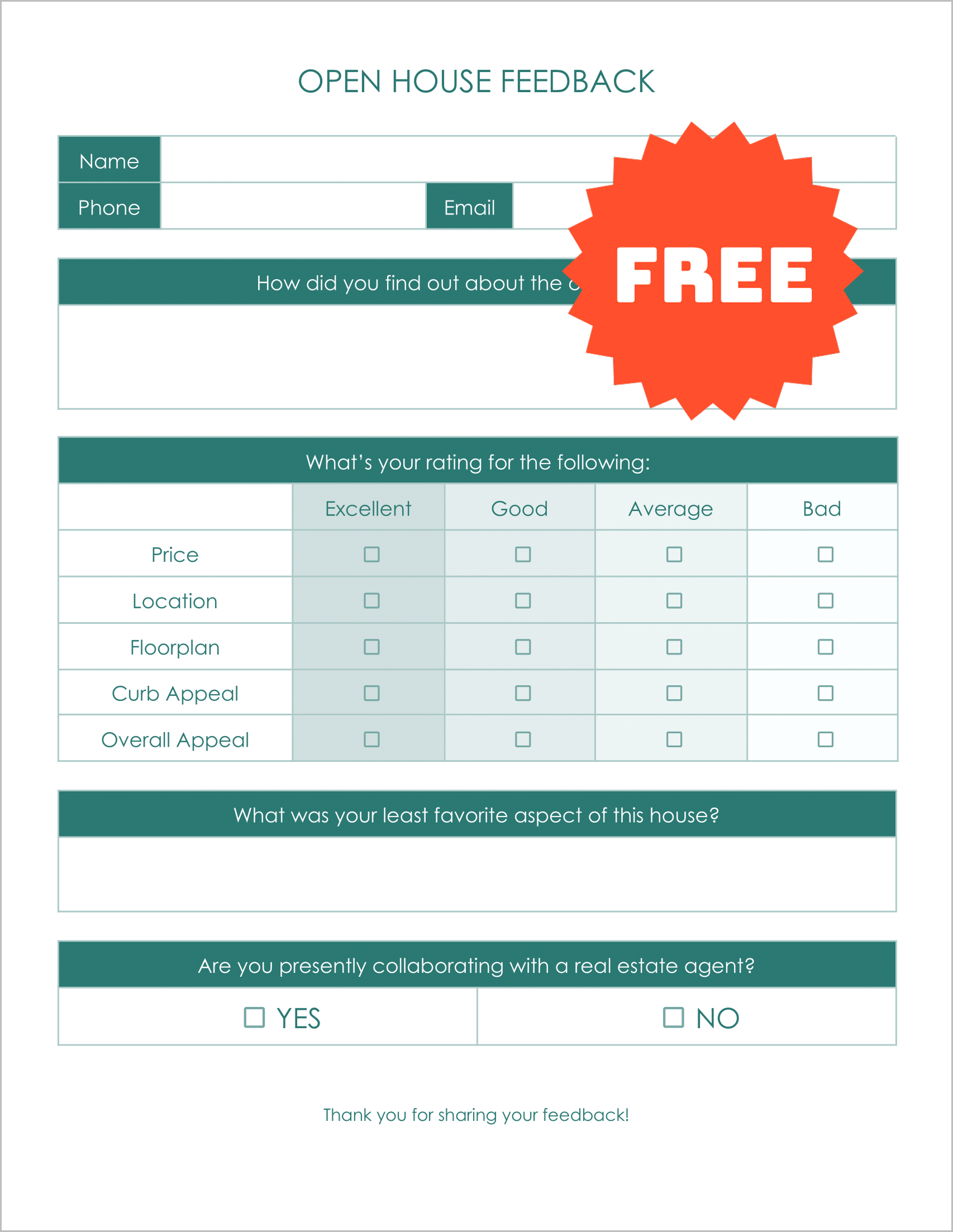 Free Open House Feedback Form Template