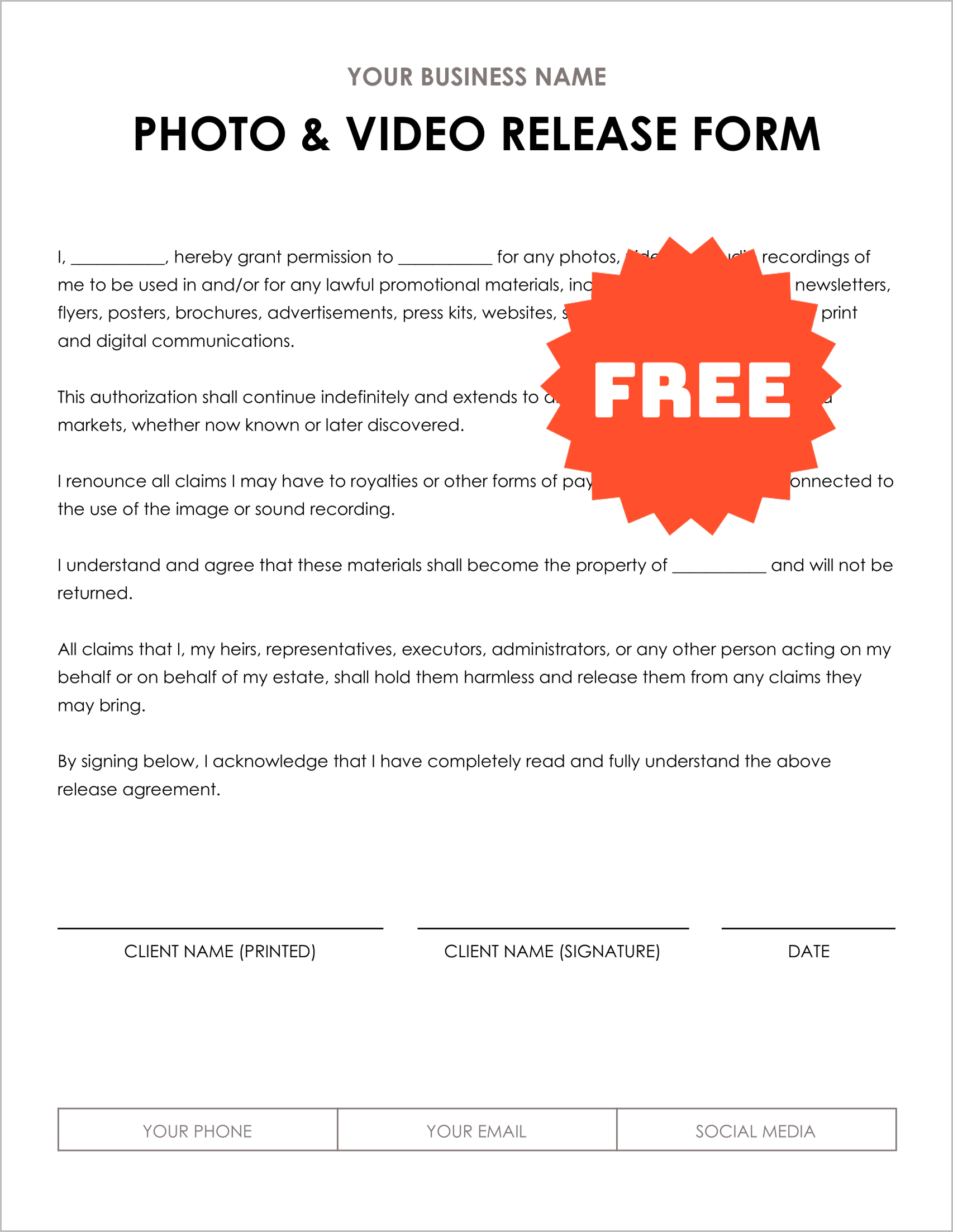 Free Photo Release Form Template