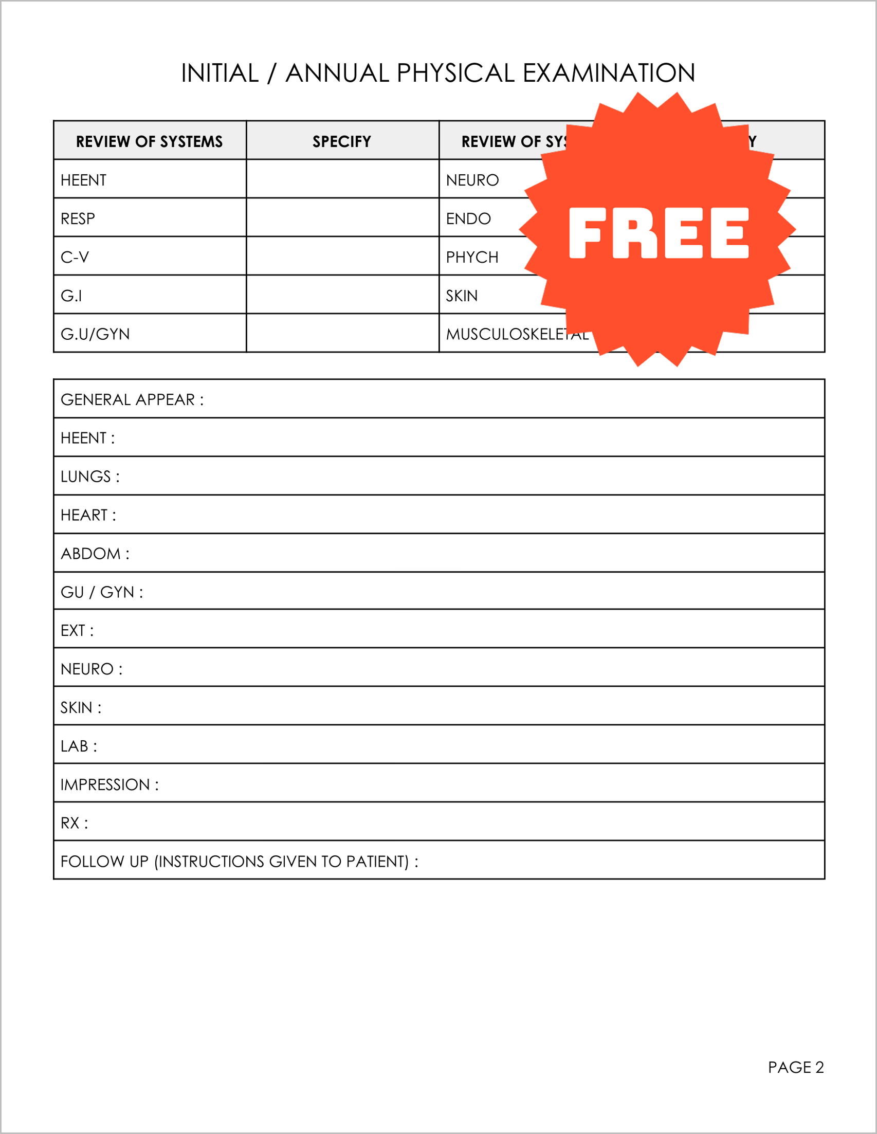 Free Physical Exam Form Template