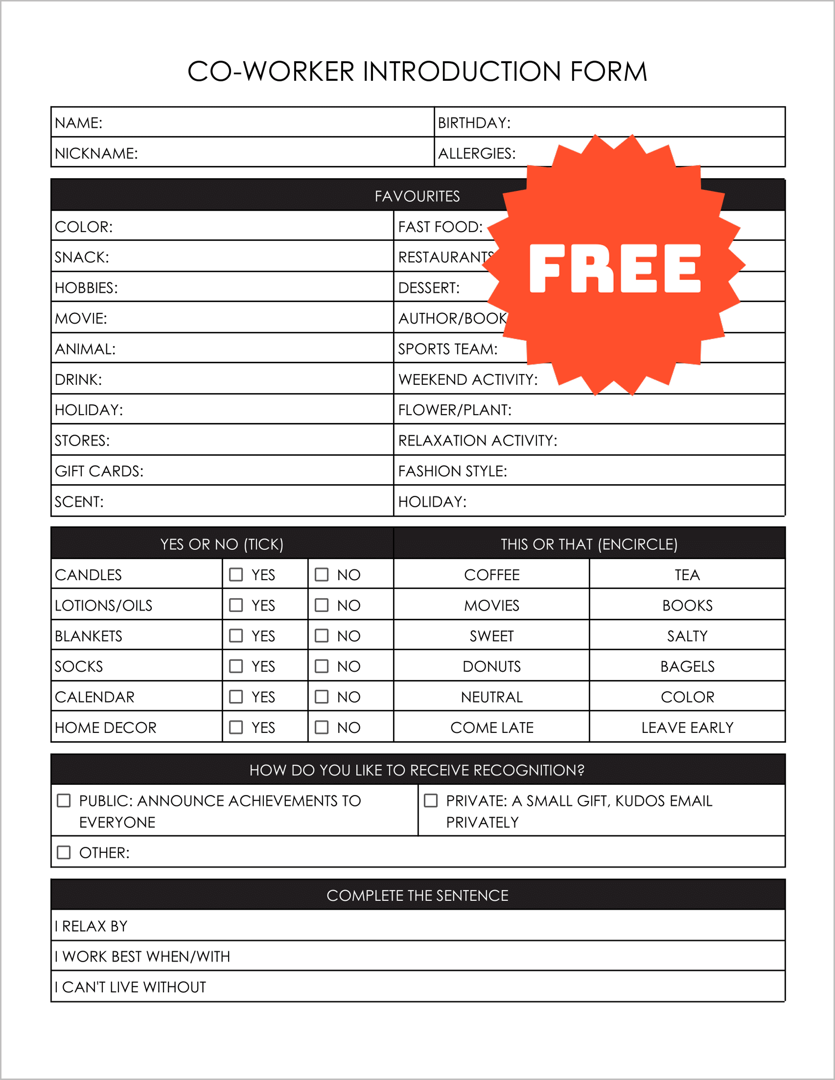 Free Editable Co-Worker Introduction Form Template