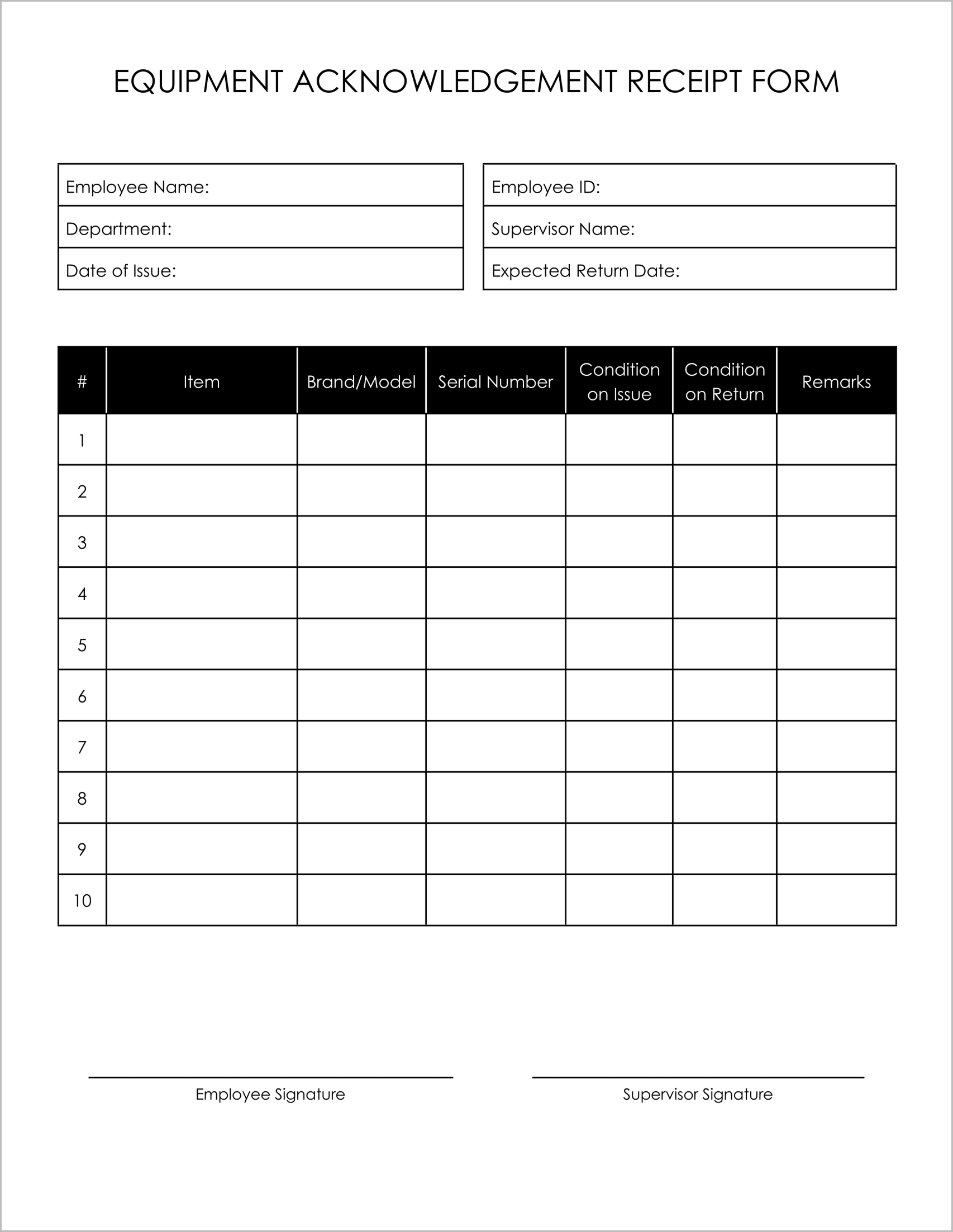 11 Free Acknowledgement Receipt of Equipment Form Templates