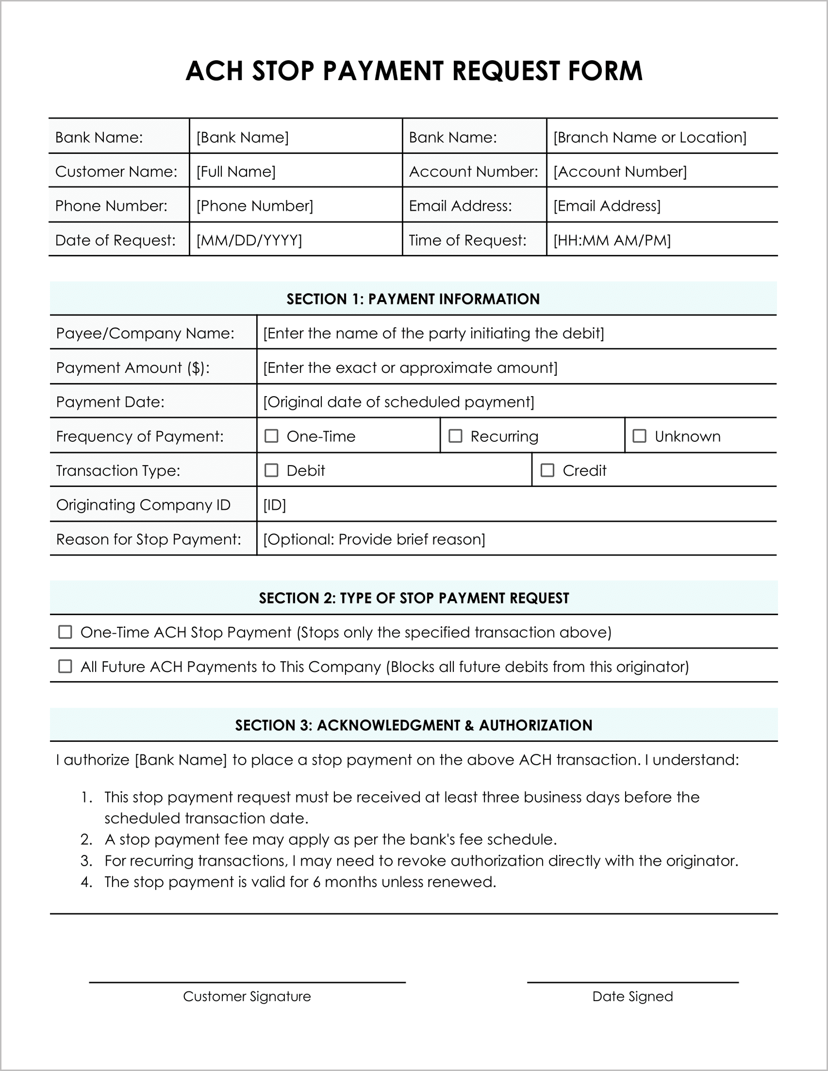 Free ACH Stop Payment Forms