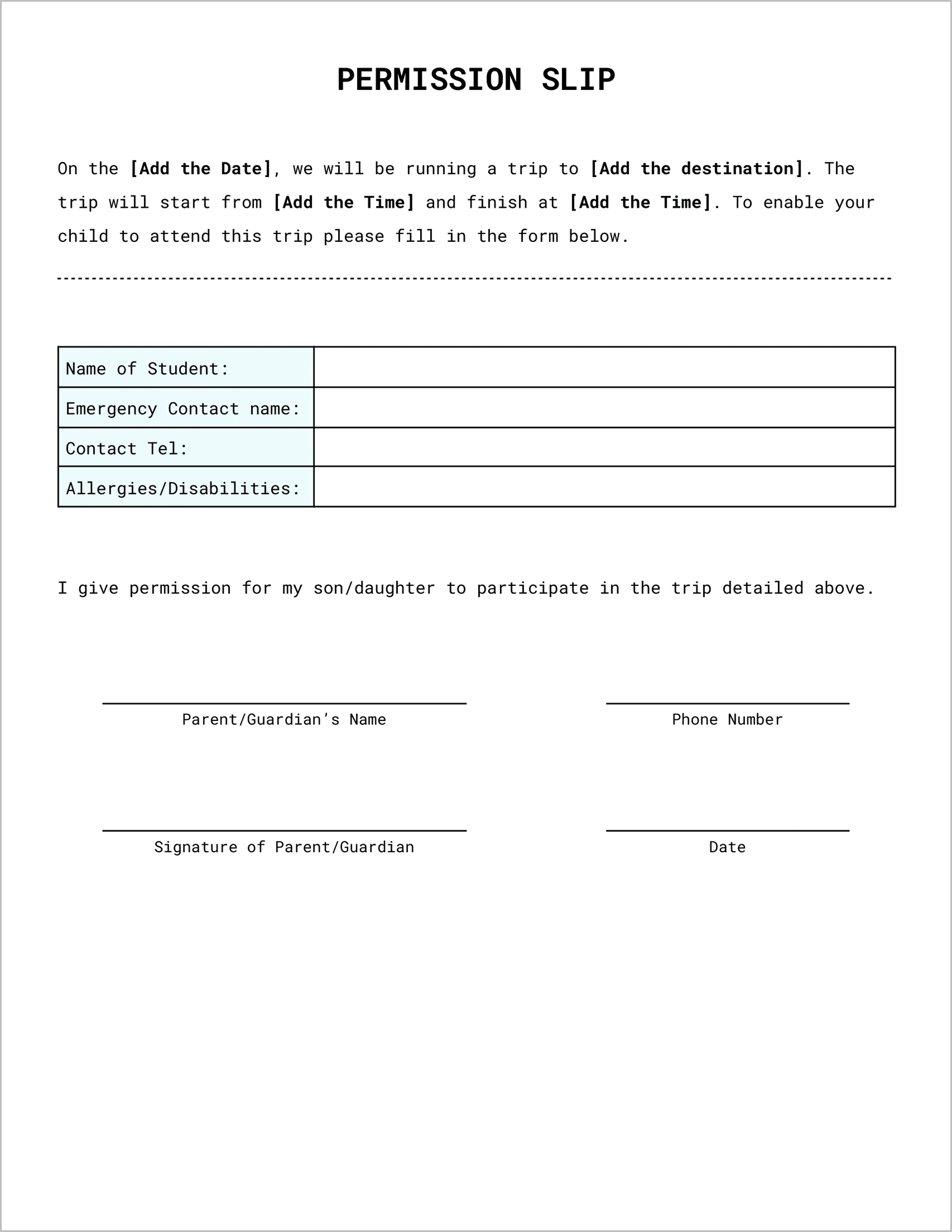 Free Permission Slip Templates & Field Trip Forms Free Permission Slip Templates & Field Trip Forms