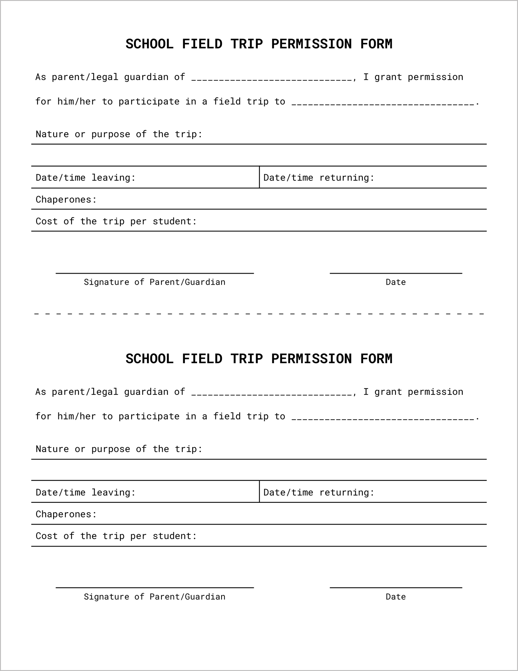 Free Permission Slip Templates & Field Trip Forms Free Permission Slip Templates & Field Trip Forms