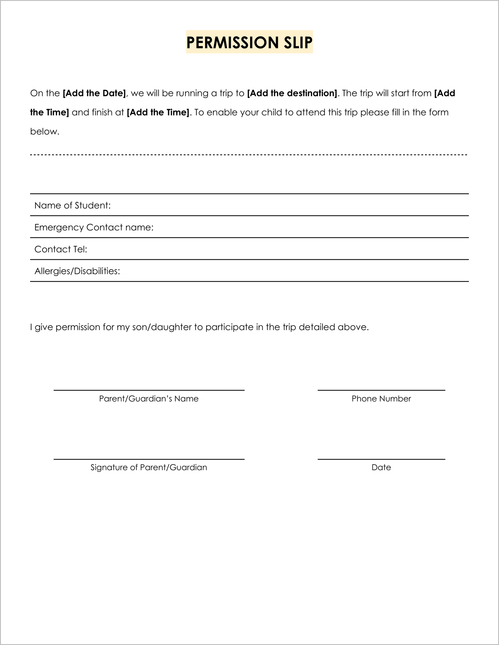 Free Permission Slip Templates & Field Trip Forms Free Permission Slip Templates & Field Trip Forms