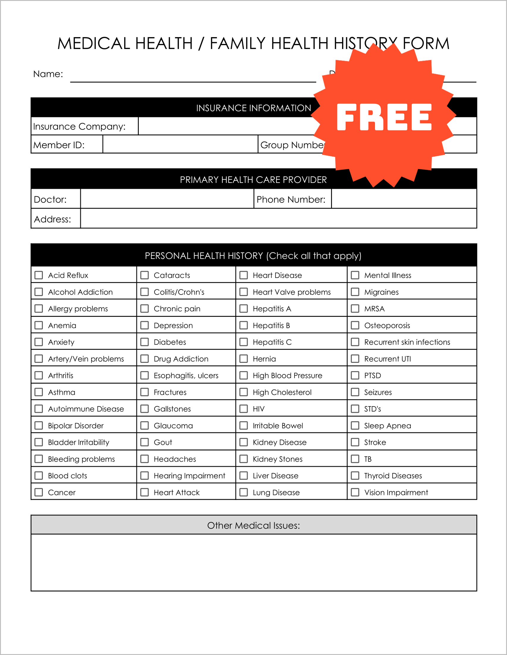 Health History Form Templates Health History Form Templates