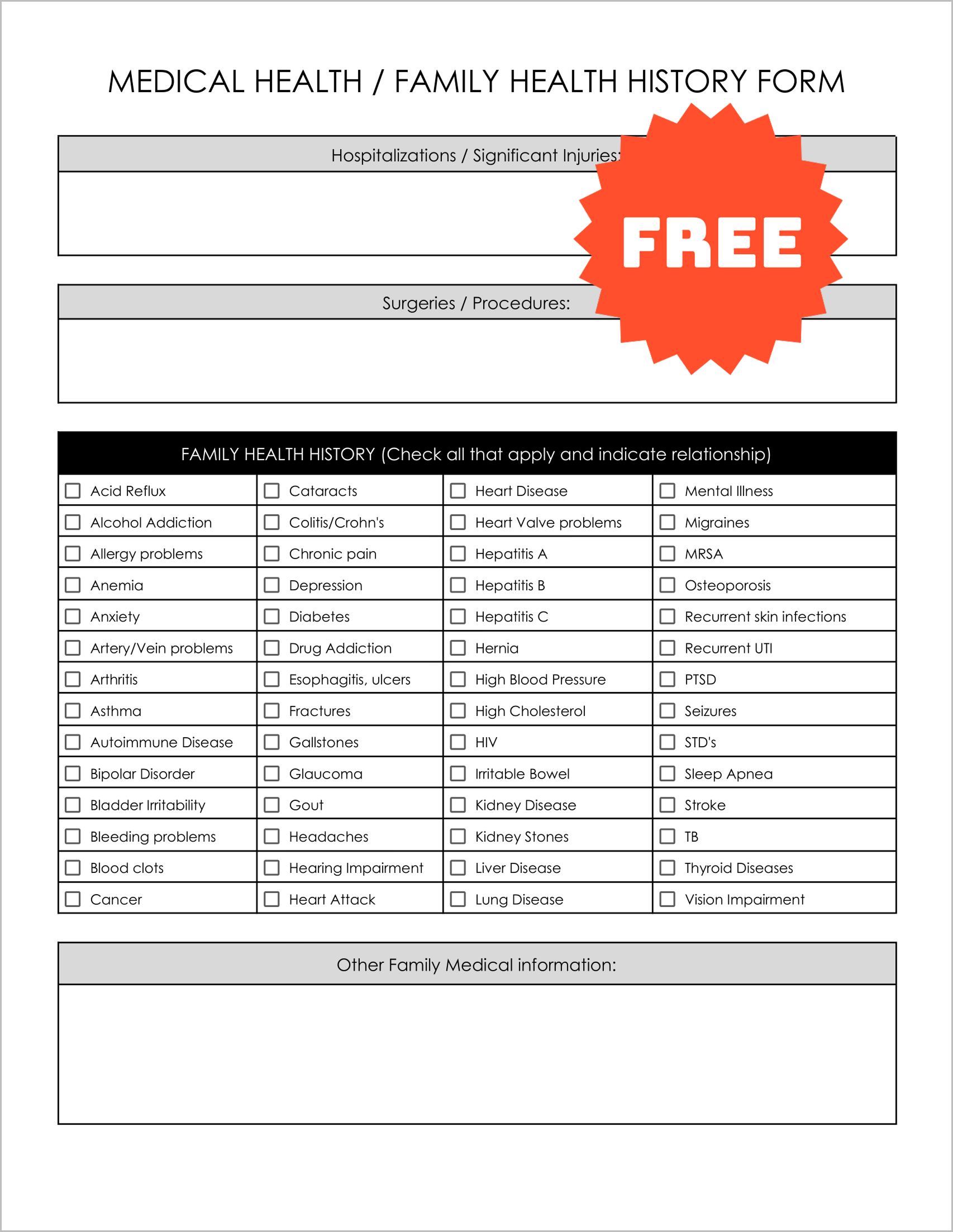 Health History Form Templates Health History Form Templates